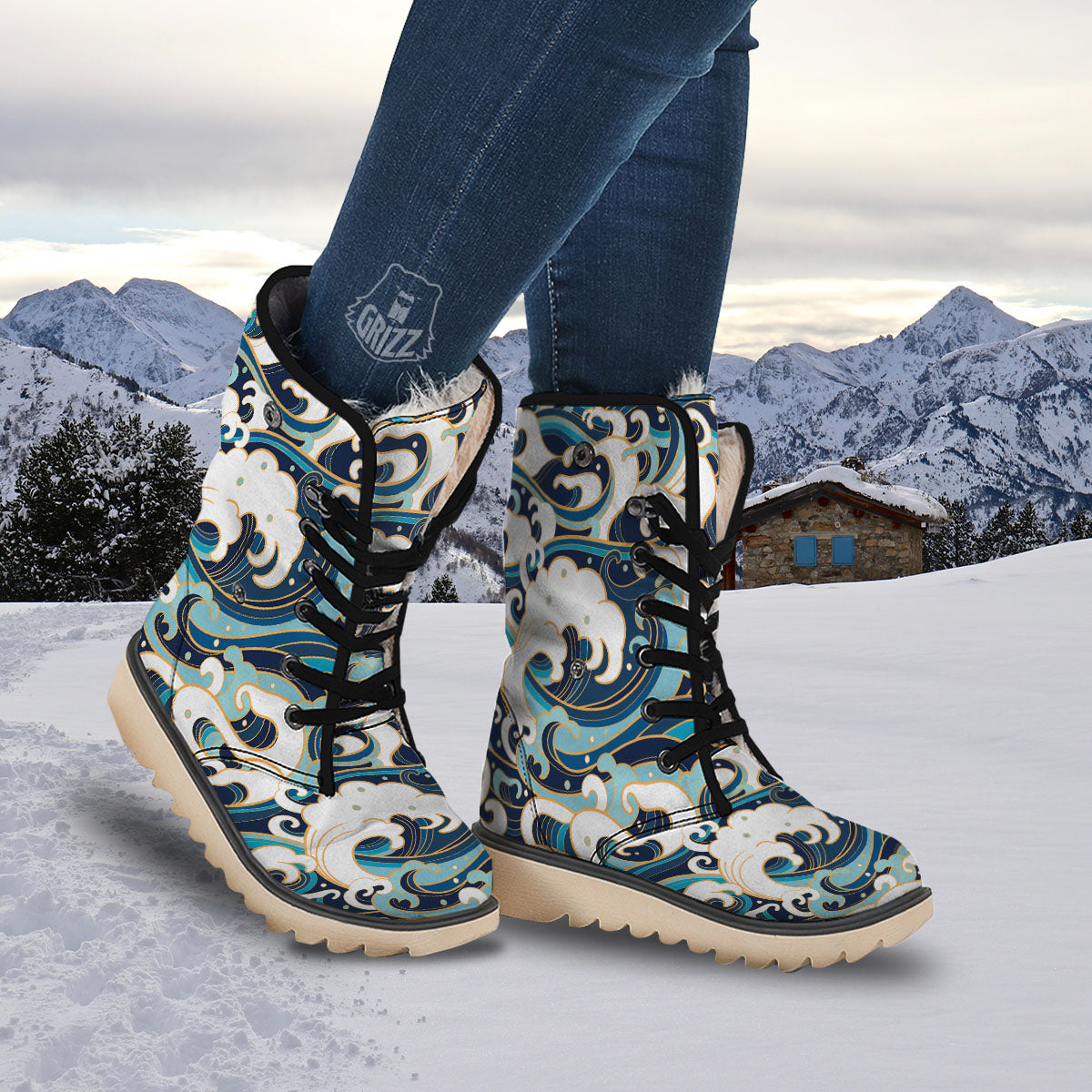 Ocean Wave Print Snow Boots-grizzshop