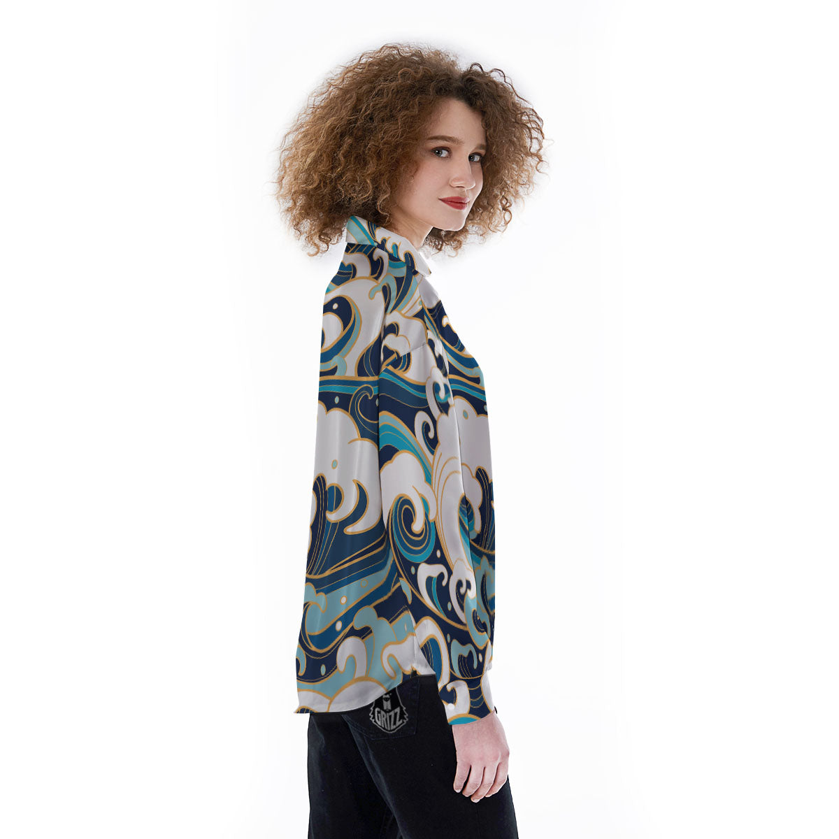 Ocean Wave Print Women's Long Sleeve Shirts-grizzshop