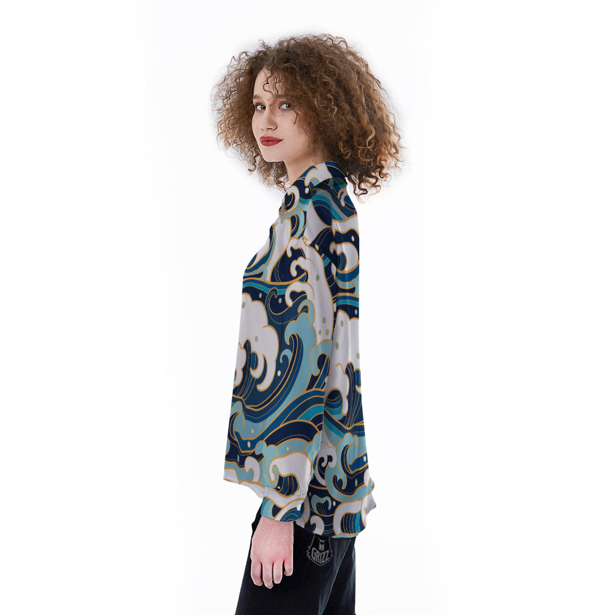 Ocean Wave Print Women's Long Sleeve Shirts-grizzshop