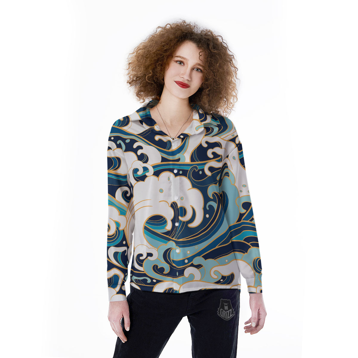 Ocean Wave Print Women's Long Sleeve Shirts-grizzshop
