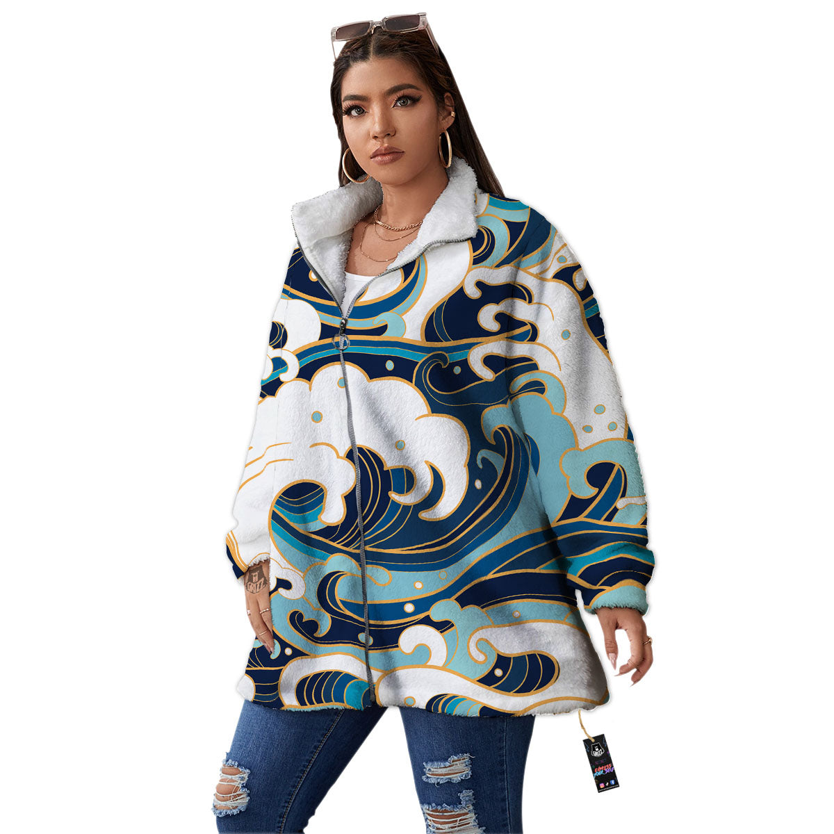 Ocean Wave Print Women's Sherpa Jacket-grizzshop