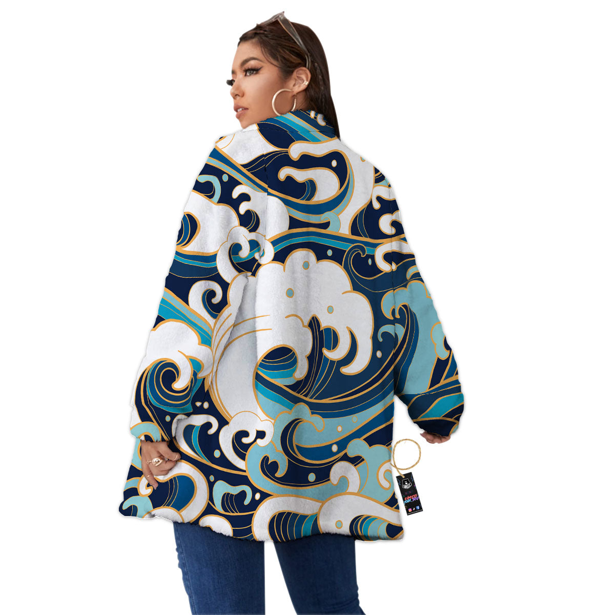 Ocean Wave Print Women's Sherpa Jacket-grizzshop