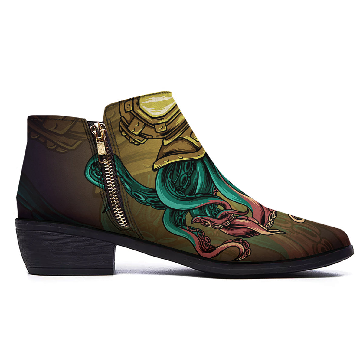 Octopus And Diving Helmet Print Ankle Boots-grizzshop