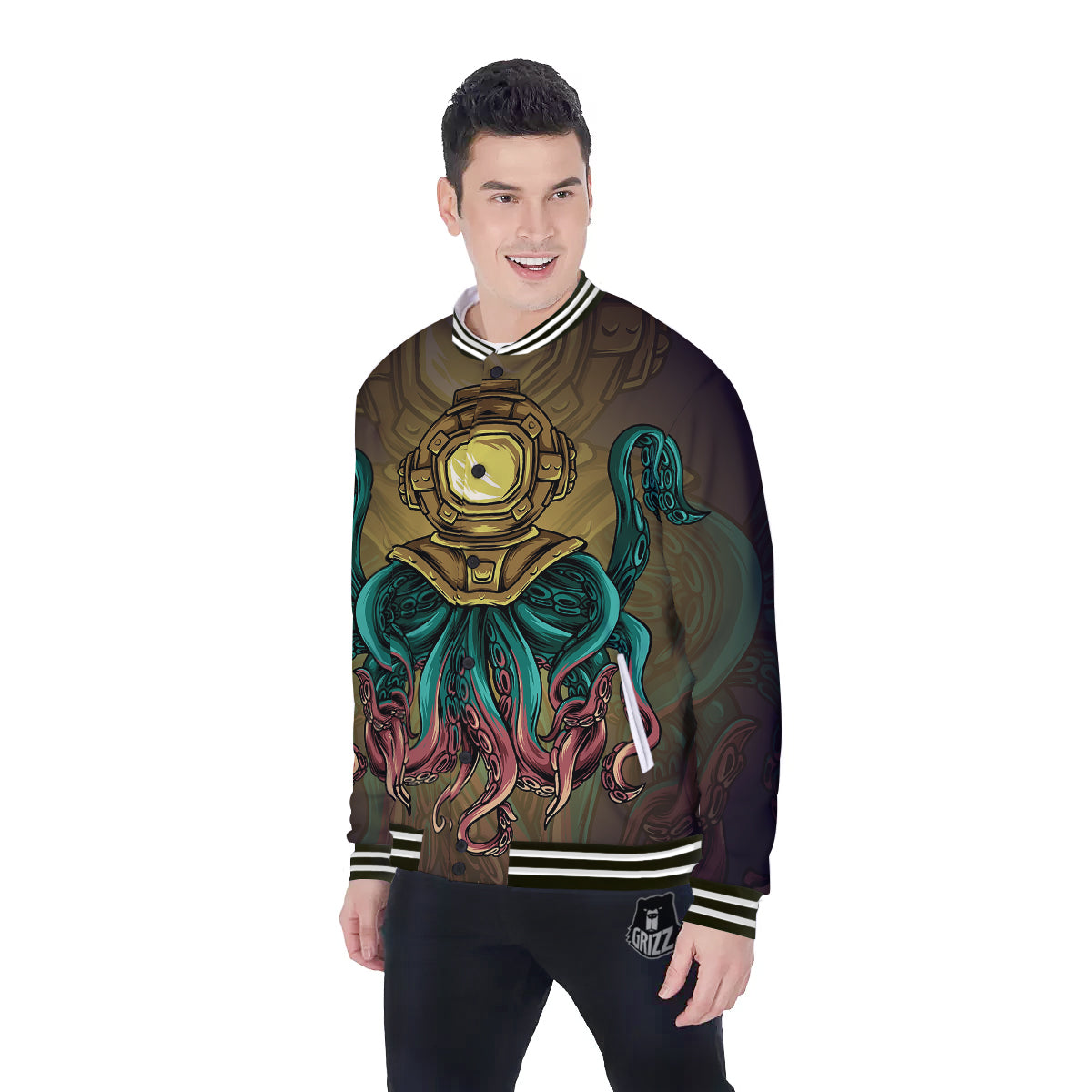 Octopus And Diving Helmet Print Baseball Jacket-grizzshop