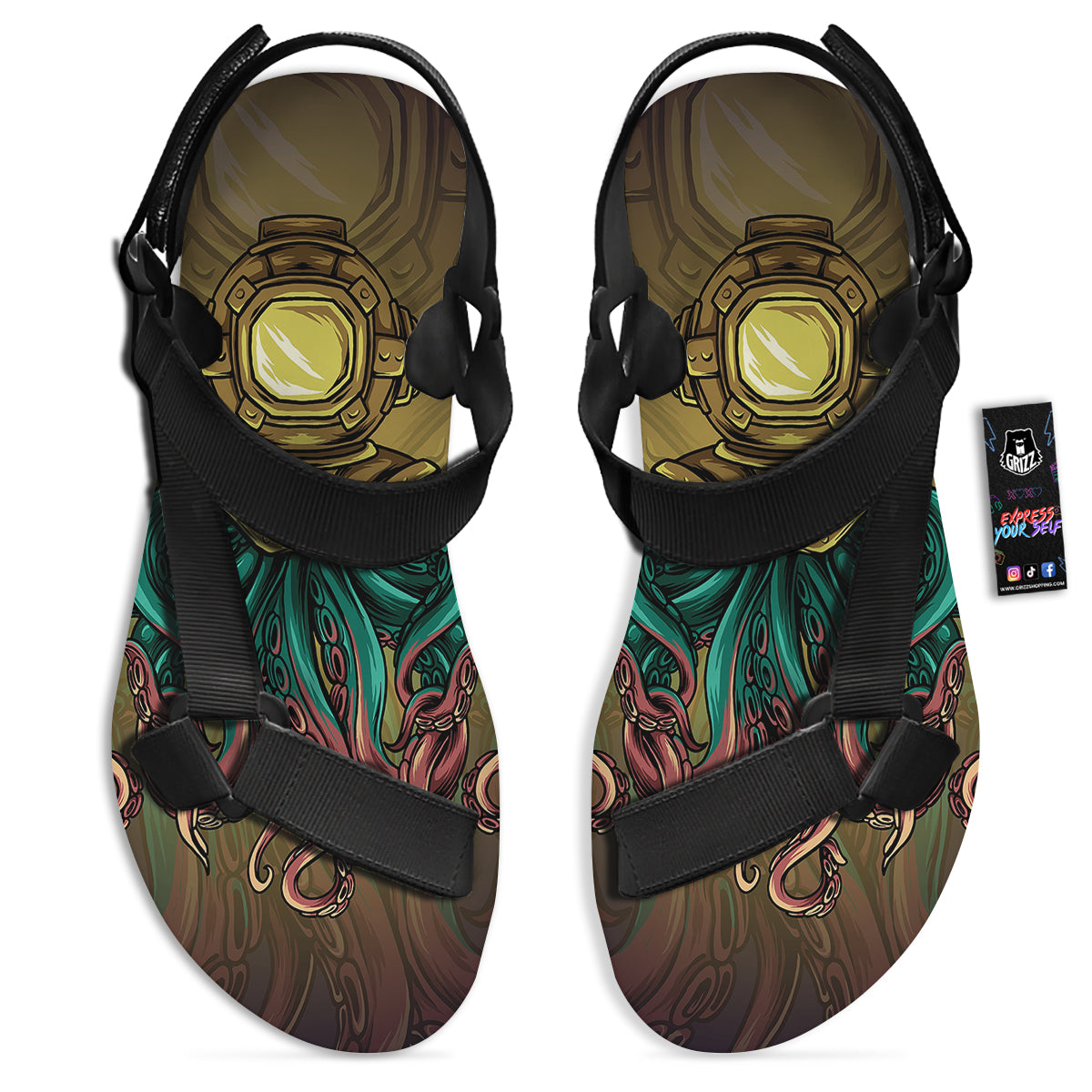 Octopus And Diving Helmet Print Black Open Toe Sandals-grizzshop