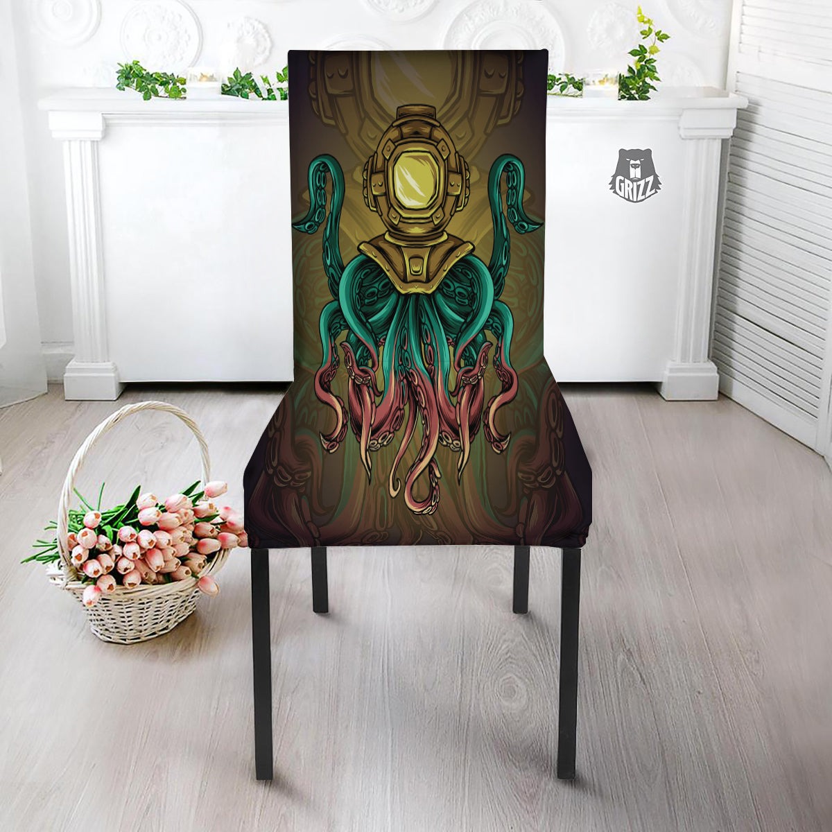 Octopus And Diving Helmet Print Dining Chair Slipcover-grizzshop