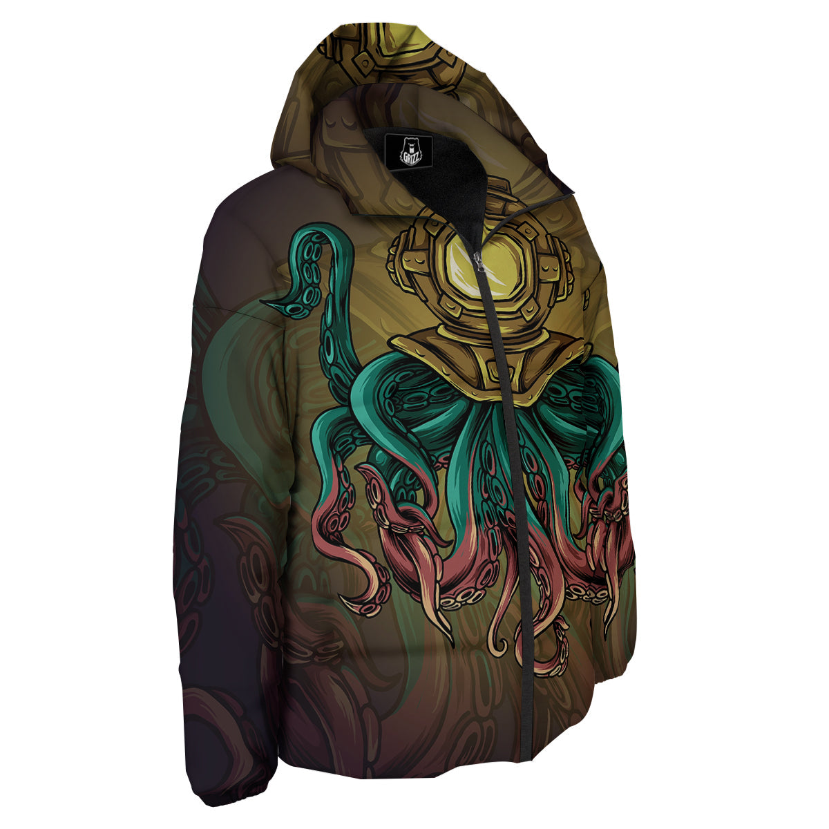 Octopus And Diving Helmet Print Down Jacket-grizzshop