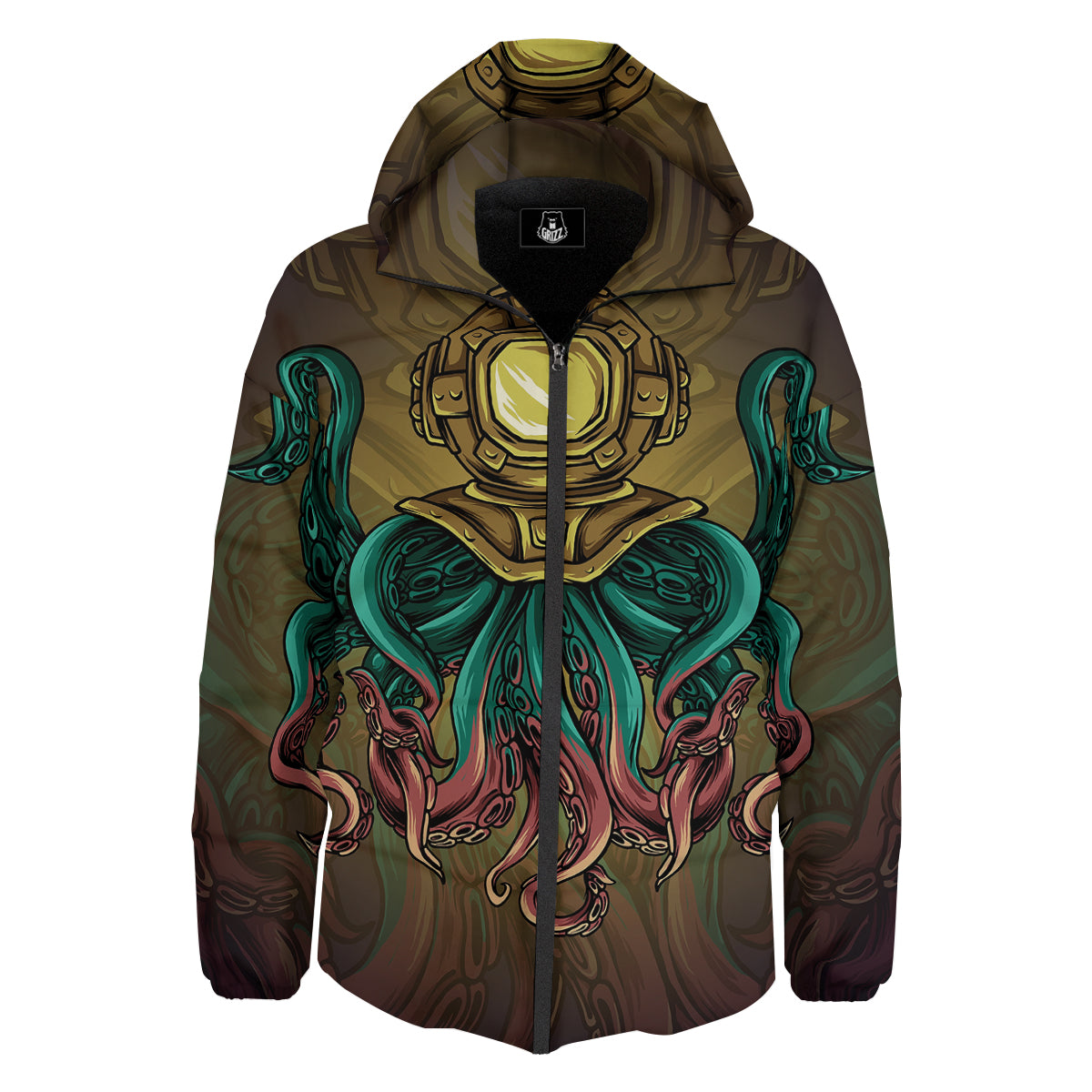 Octopus And Diving Helmet Print Down Jacket-grizzshop