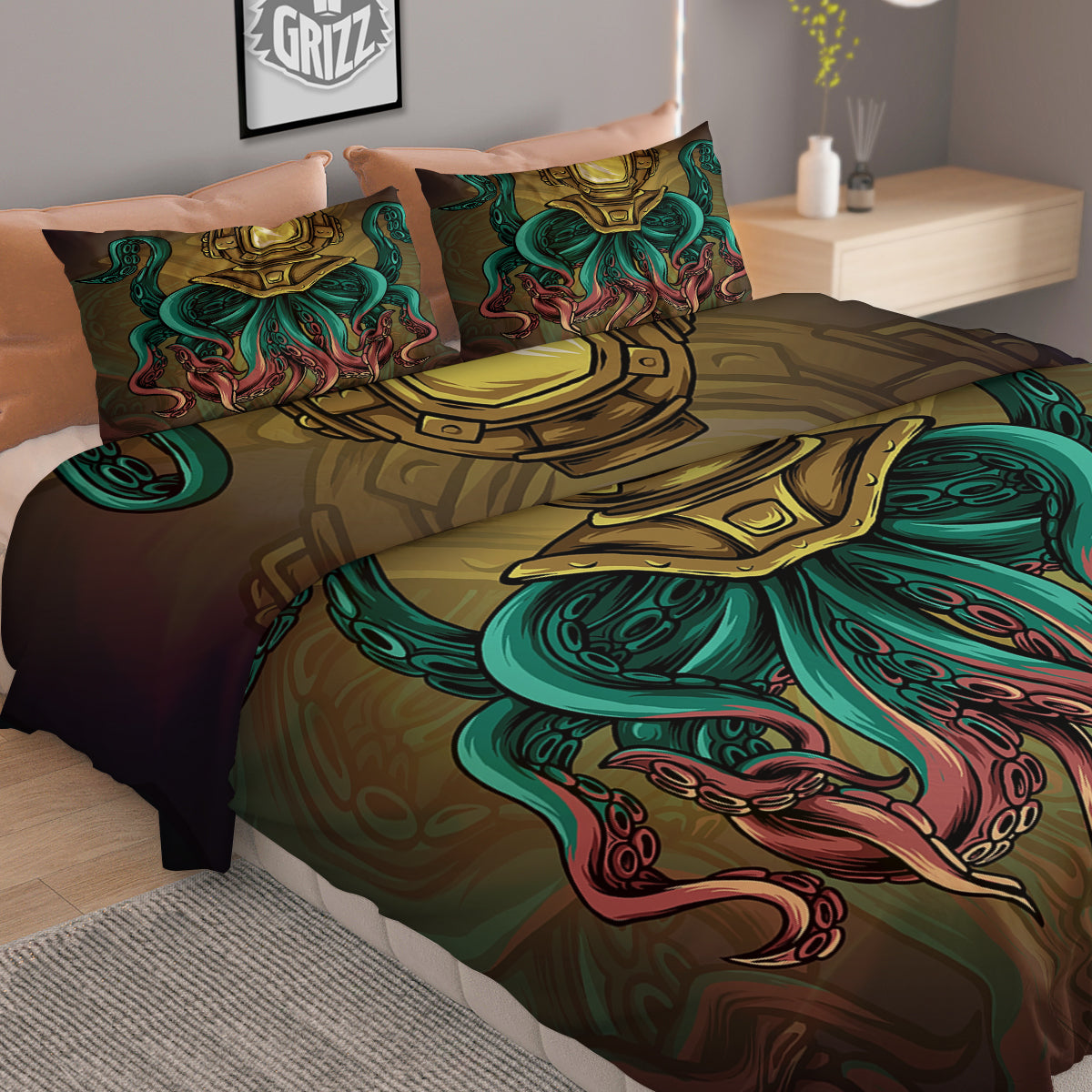Octopus And Diving Helmet Print Duvet Cover Bedding Set