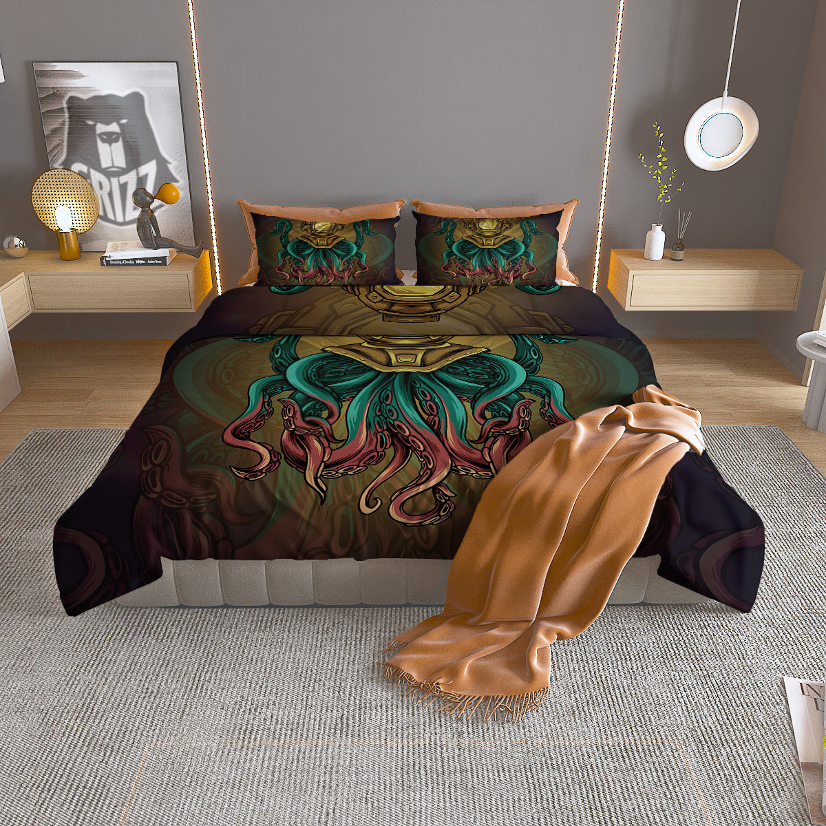 Octopus And Diving Helmet Print Duvet Cover Bedding Set