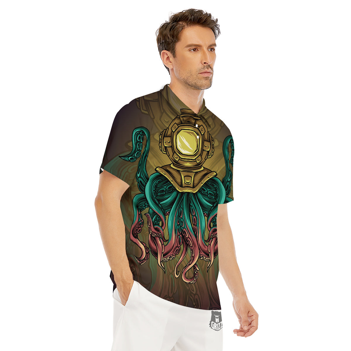 Octopus And Diving Helmet Print Men's Golf Shirts-grizzshop