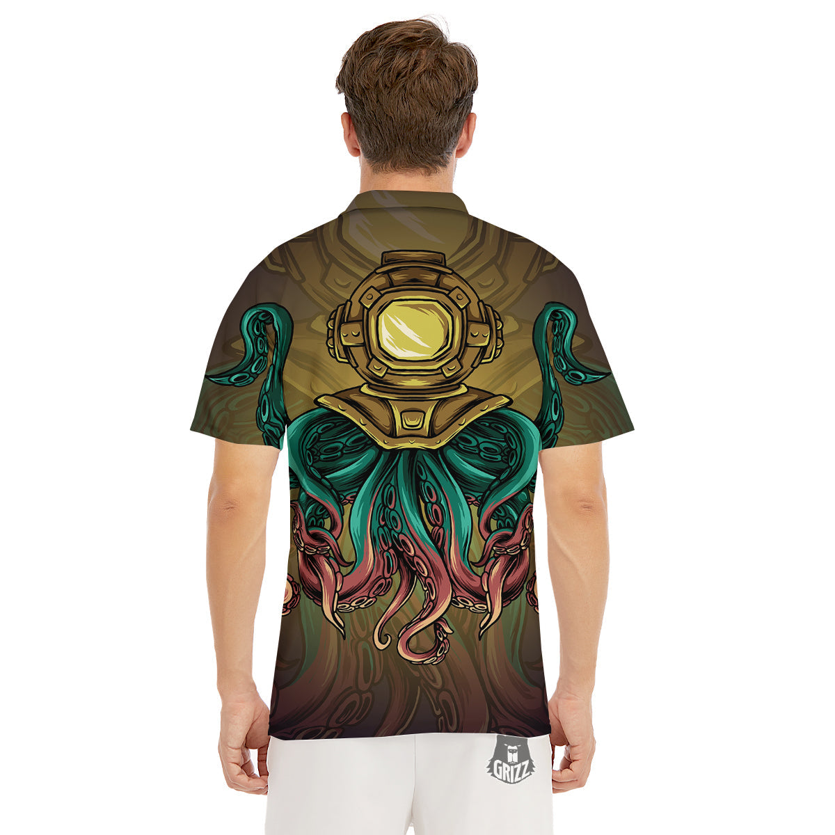 Octopus And Diving Helmet Print Men's Golf Shirts-grizzshop