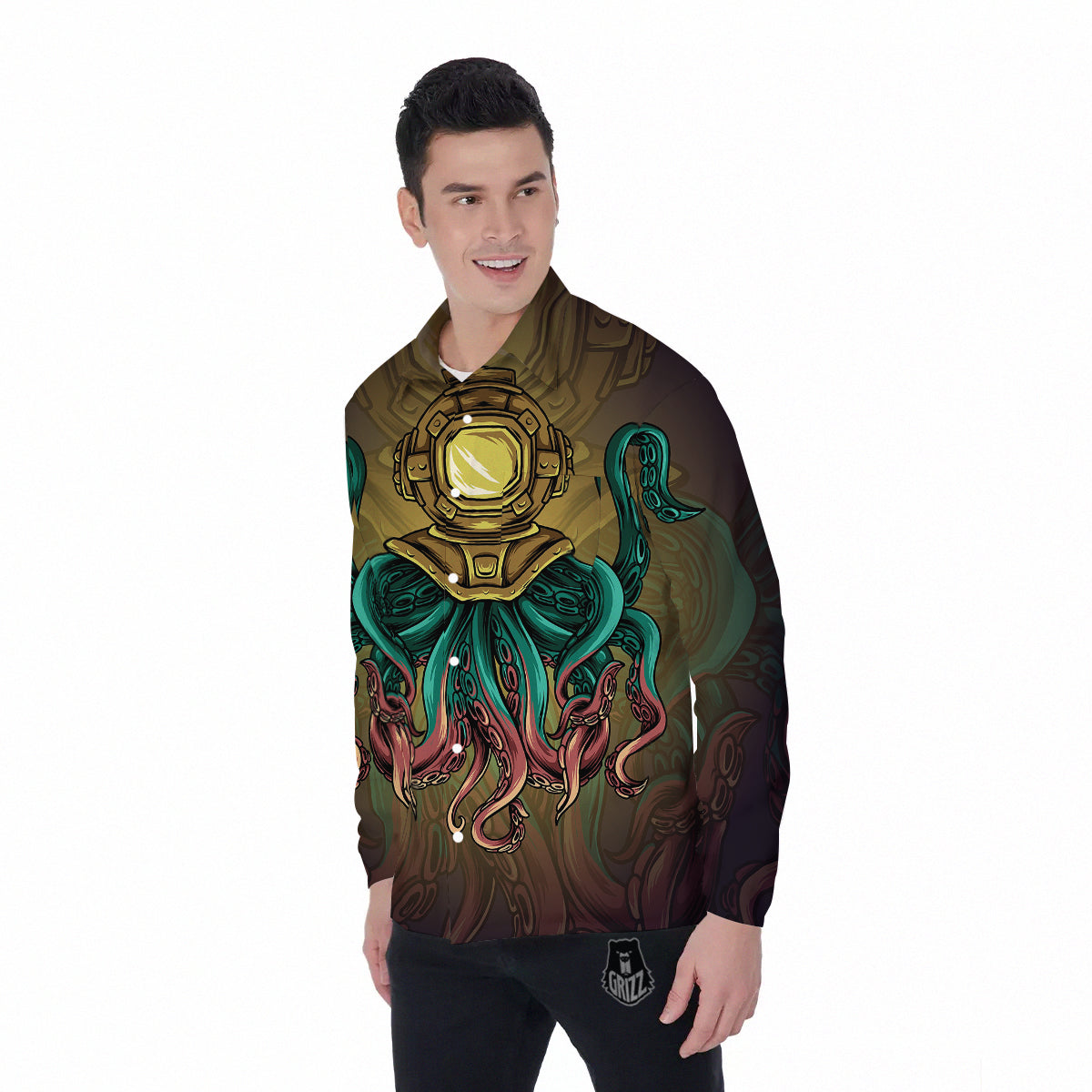 Octopus And Diving Helmet Print Men's Long Sleeve Shirts-grizzshop