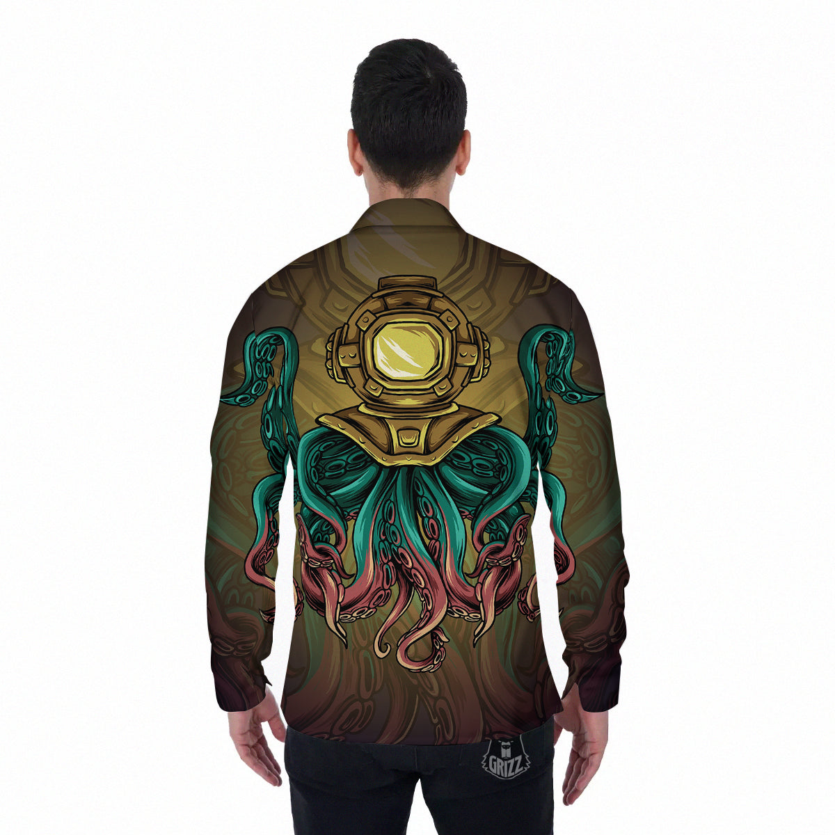 Octopus And Diving Helmet Print Men's Long Sleeve Shirts-grizzshop