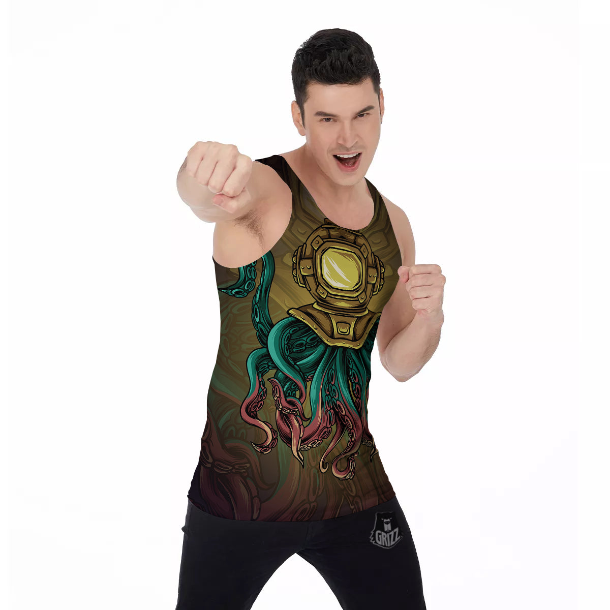 Octopus And Diving Helmet Print Men's Tank Top-grizzshop
