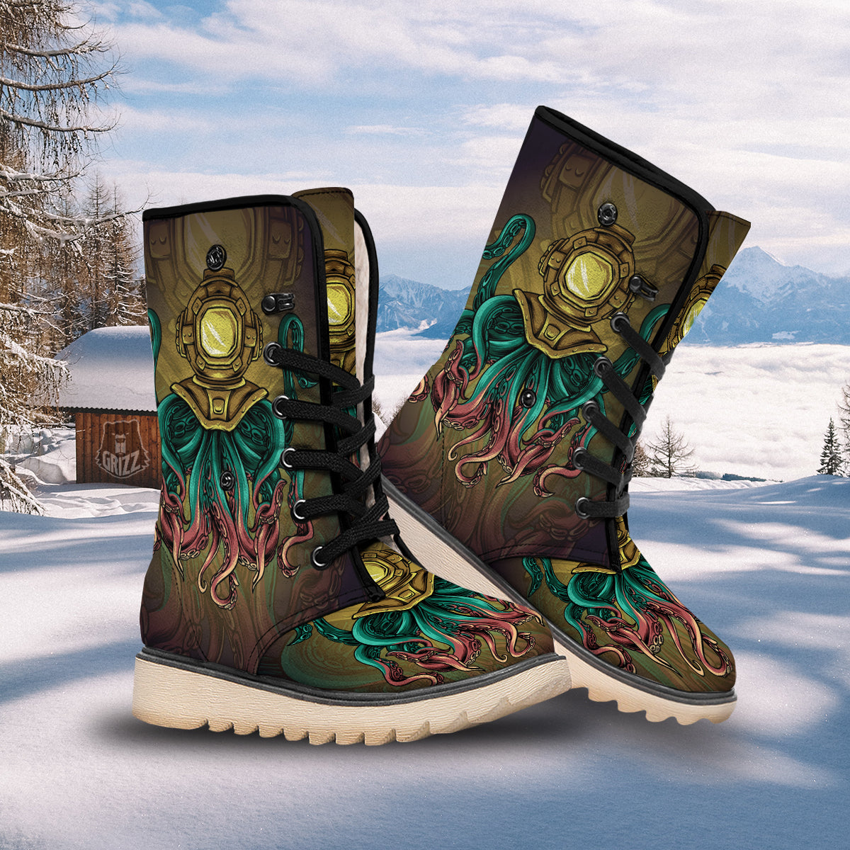 Octopus And Diving Helmet Print Snow Boots-grizzshop