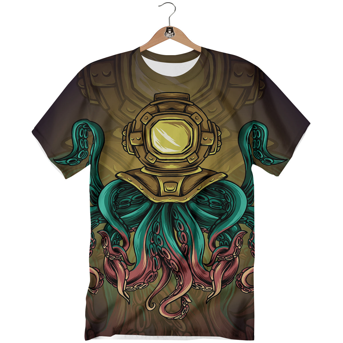 Octopus And Diving Helmet Print T-Shirt-grizzshop