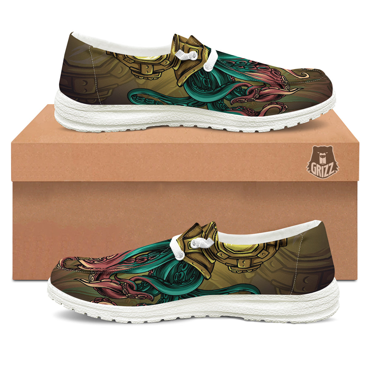Octopus And Diving Helmet Print White Loafers-grizzshop