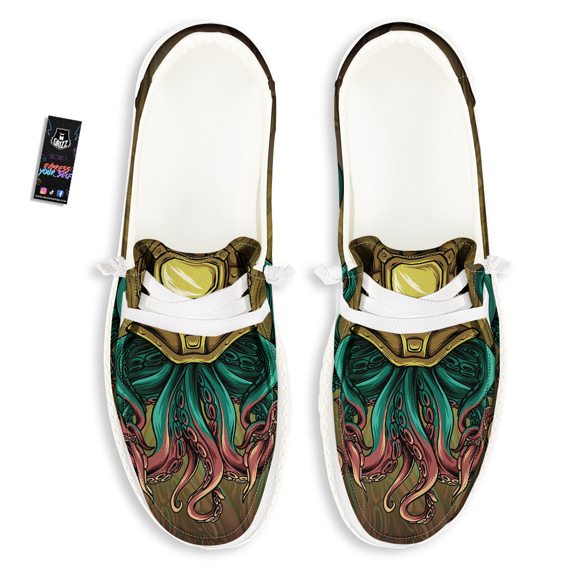 Octopus And Diving Helmet Print White Loafers-grizzshop