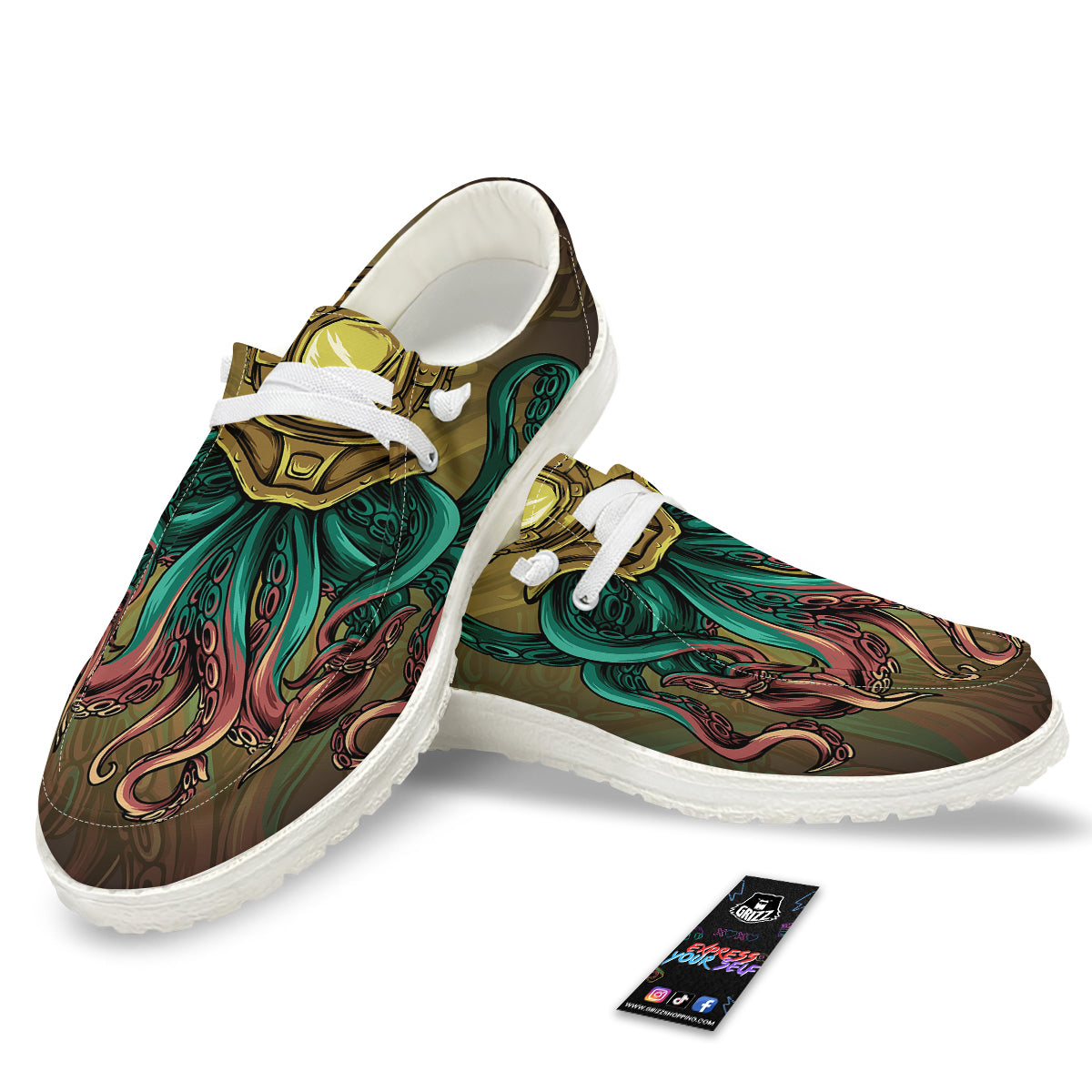 Octopus And Diving Helmet Print White Loafers-grizzshop