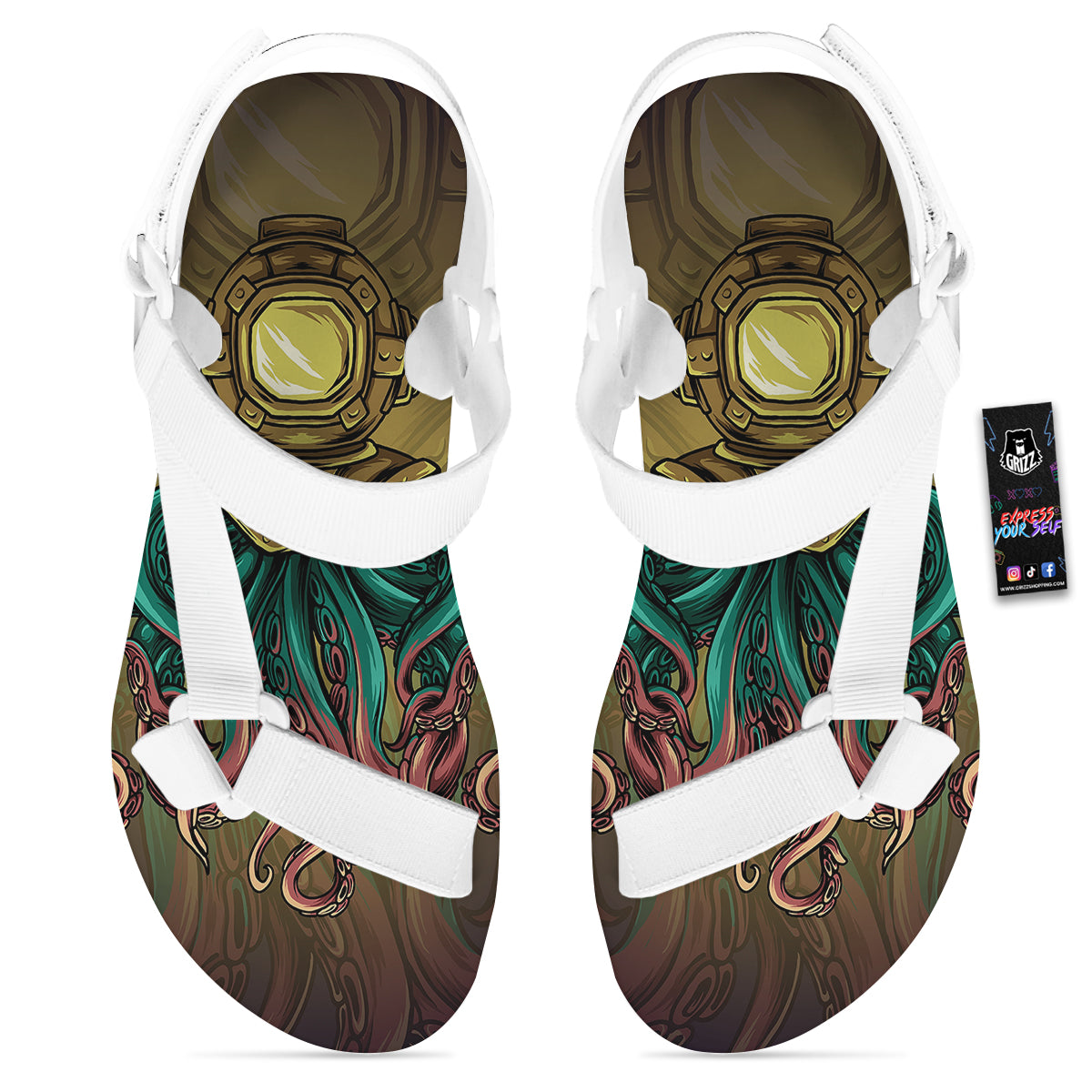 Octopus And Diving Helmet Print White Open Toe Sandals-grizzshop