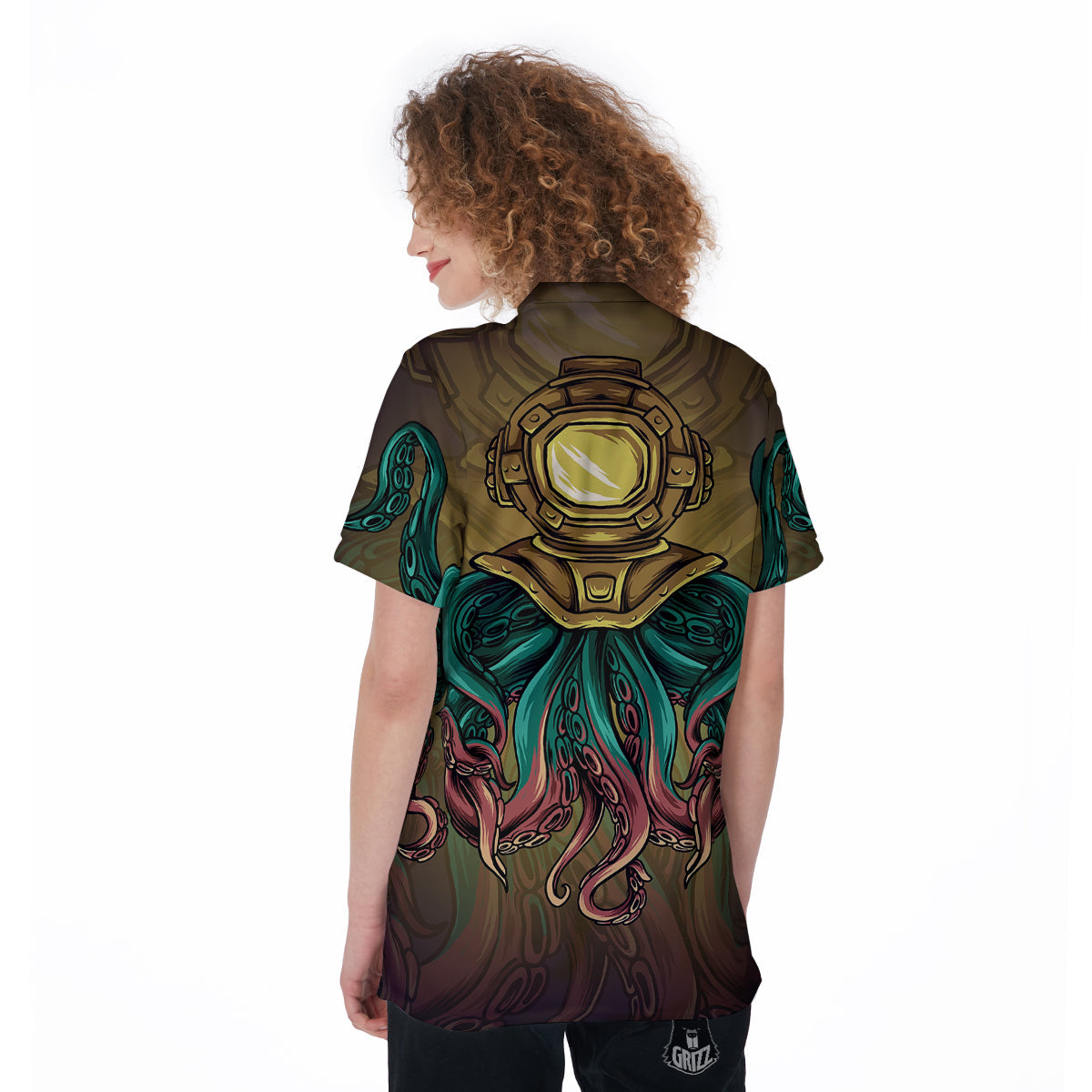 Octopus And Diving Helmet Print Women's Golf Shirts-grizzshop