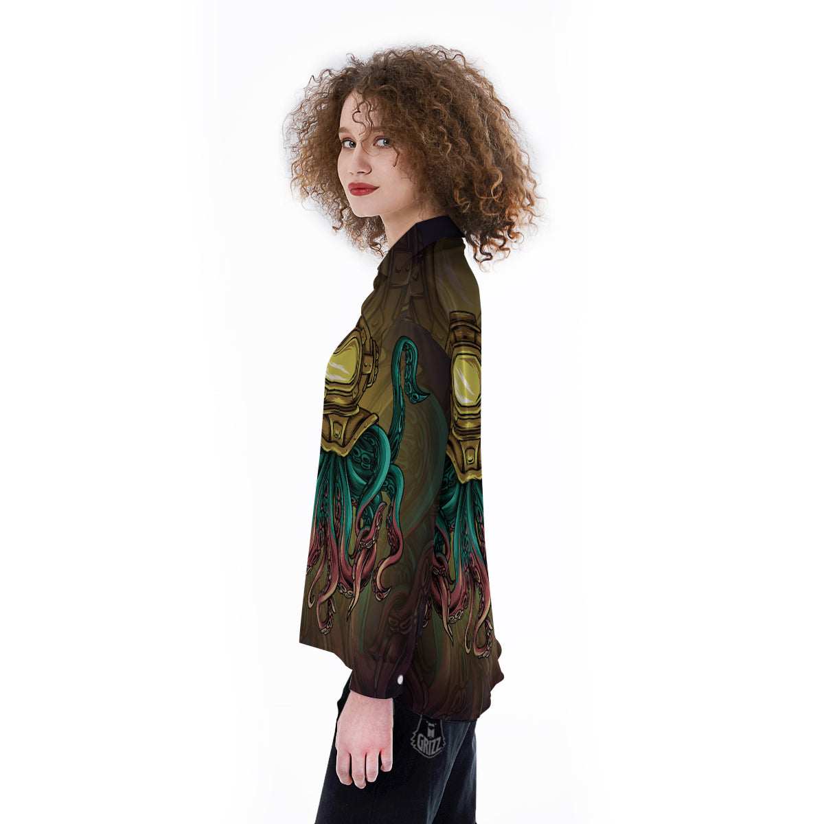 Octopus And Diving Helmet Print Women's Long Sleeve Shirts-grizzshop