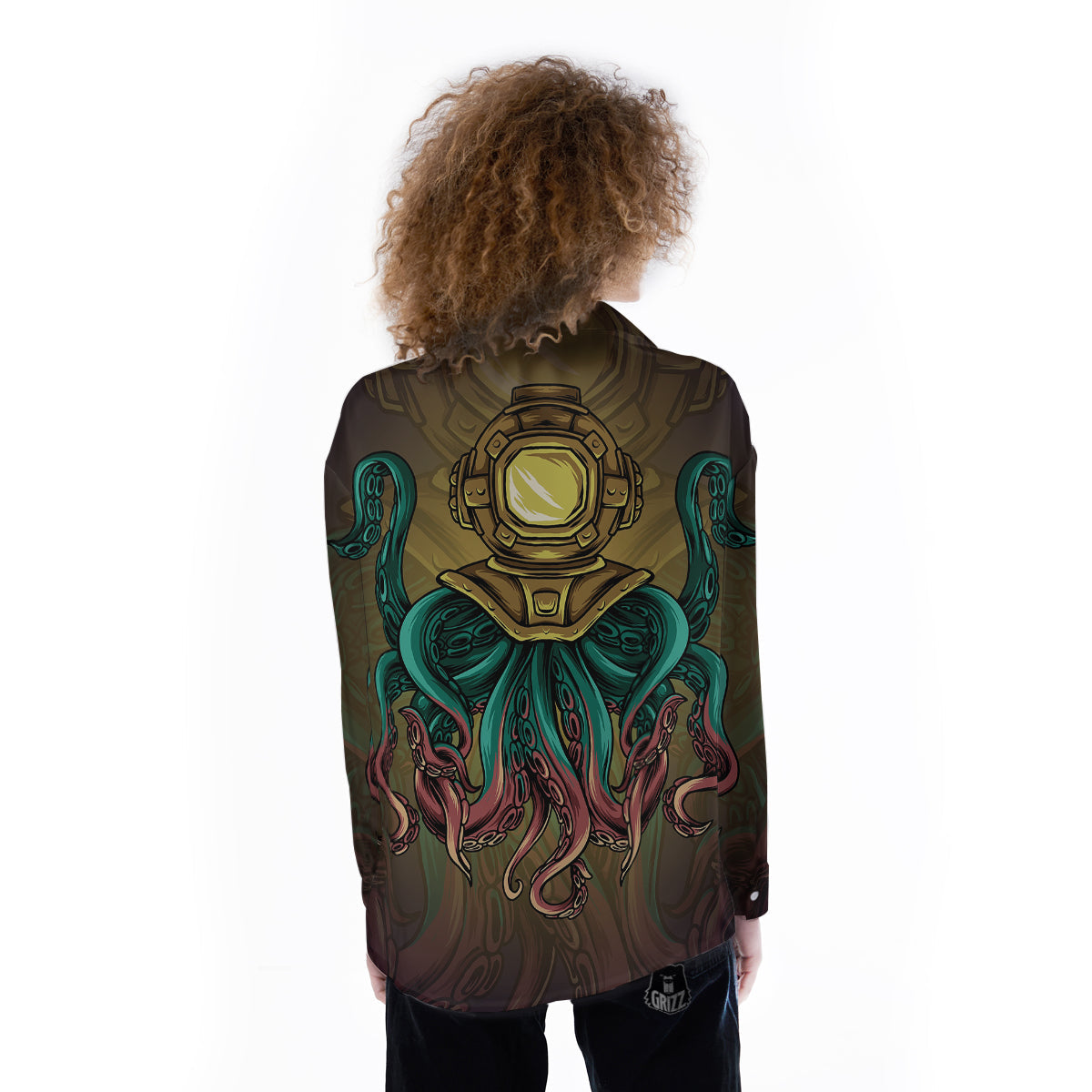 Octopus And Diving Helmet Print Women's Long Sleeve Shirts-grizzshop