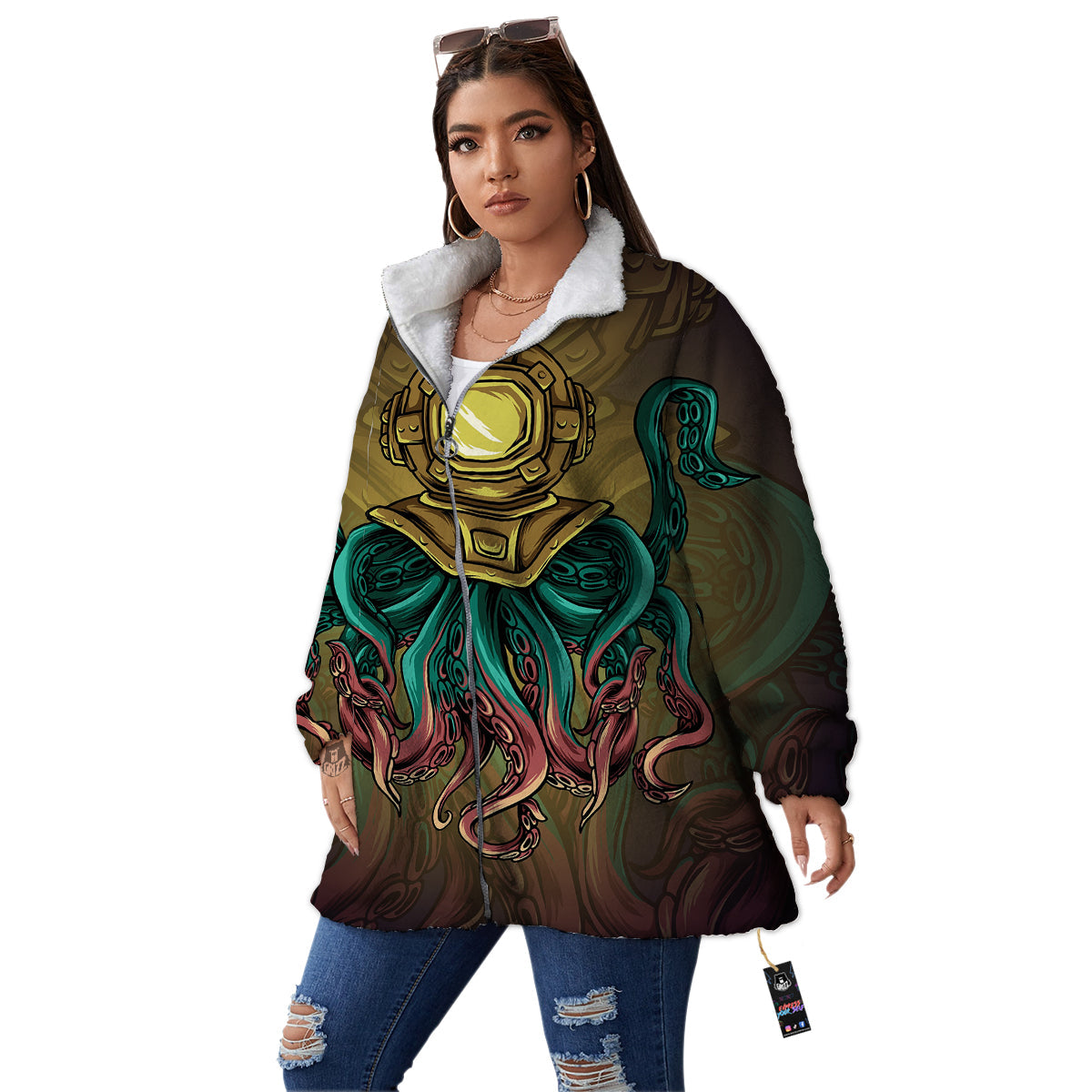 Octopus And Diving Helmet Print Women's Sherpa Jacket-grizzshop