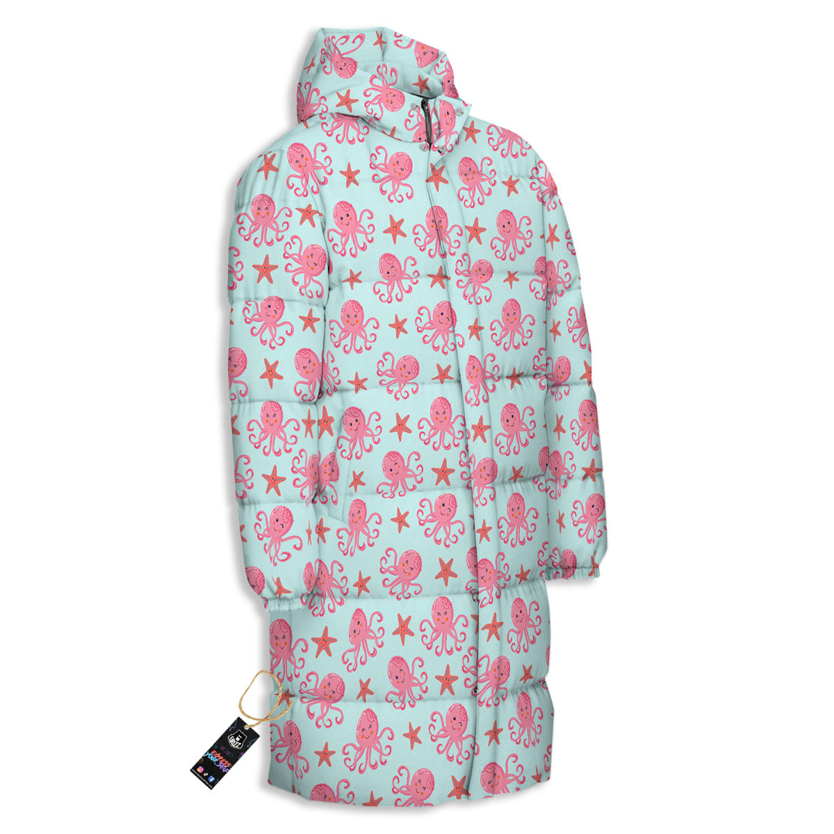 Octopus Cartoon Print Pattern Long Down Jacket-grizzshop