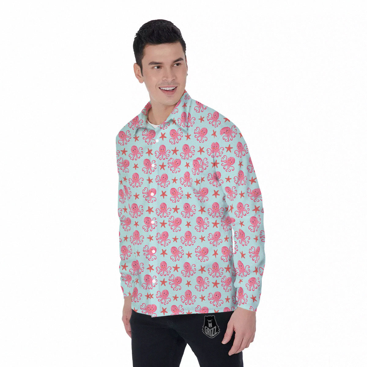 Octopus Cartoon Print Pattern Men's Long Sleeve Shirts-grizzshop