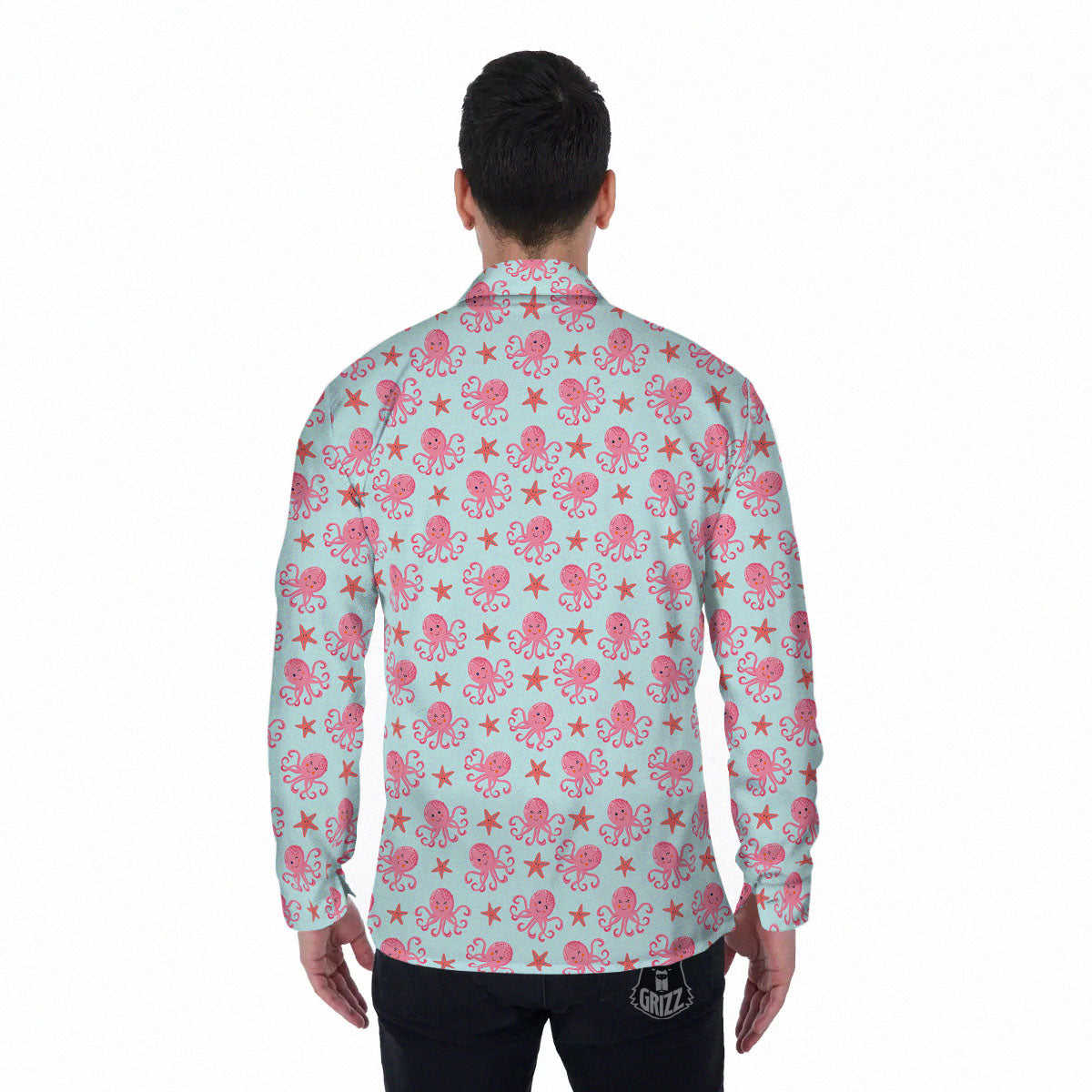 Octopus Cartoon Print Pattern Men's Long Sleeve Shirts-grizzshop
