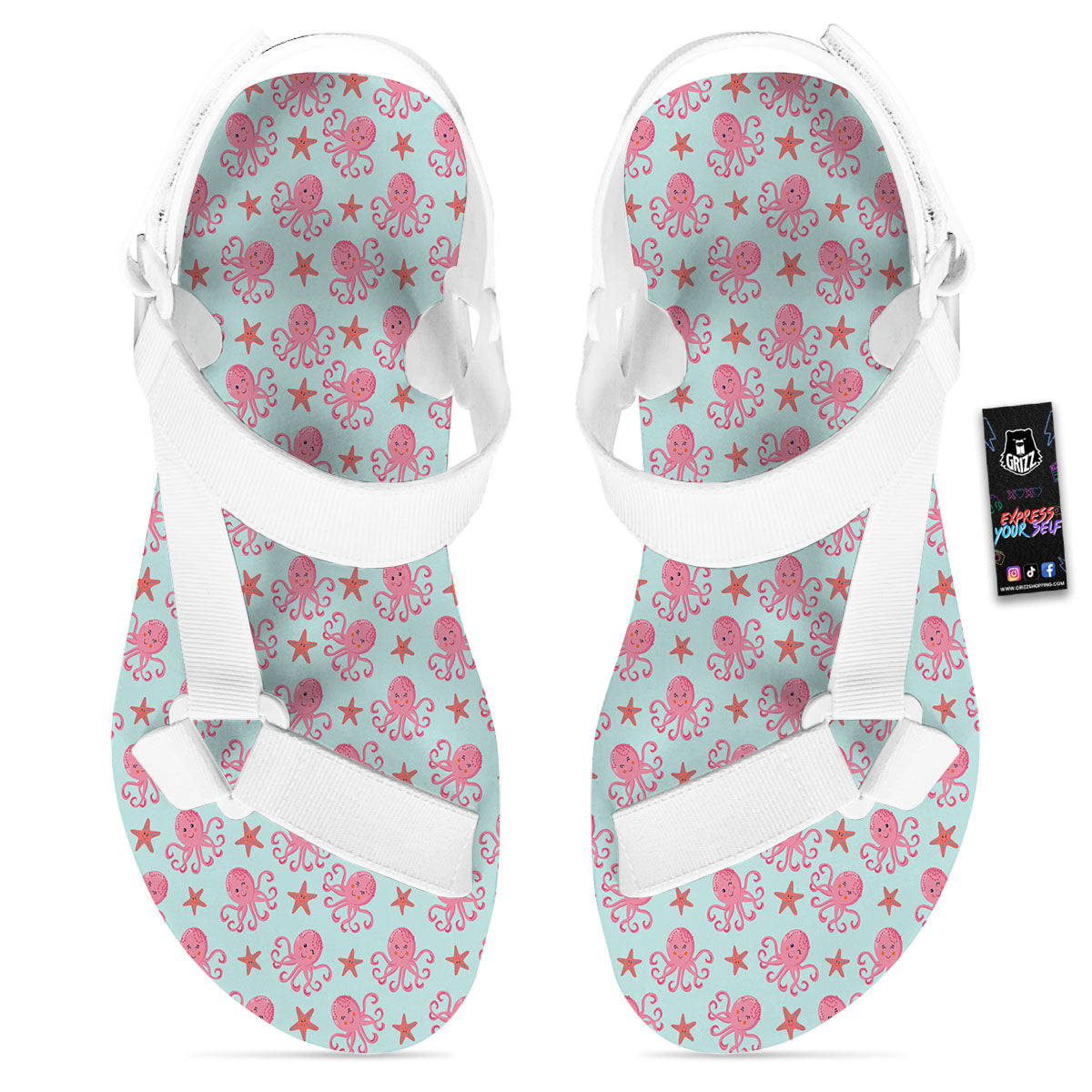 Octopus Cartoon Print Pattern White Open Toe Sandals-grizzshop
