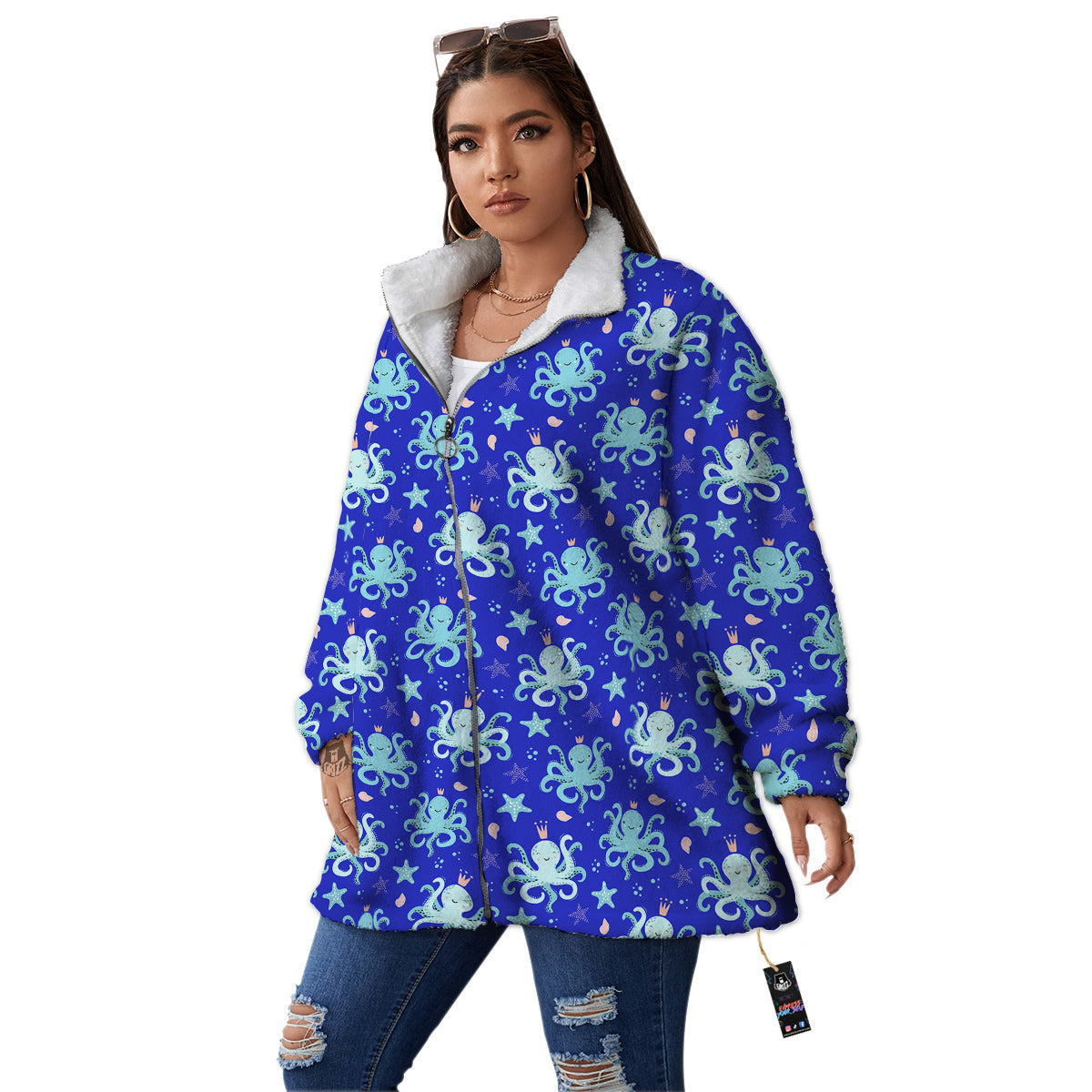 Octopus Cute Print Pattern Women's Sherpa Jacket-grizzshop
