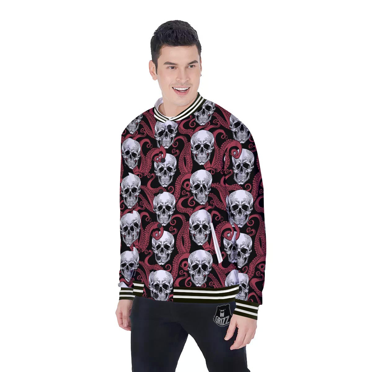 Octopus Skull Red Print Pattern Baseball Jacket-grizzshop