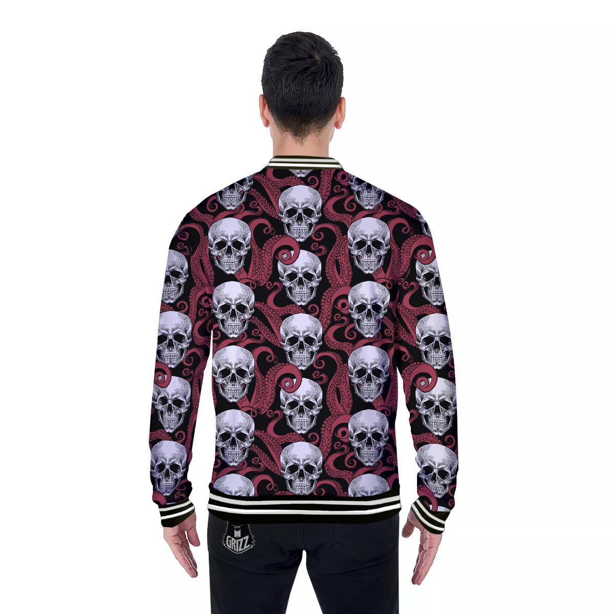 Octopus Skull Red Print Pattern Baseball Jacket-grizzshop