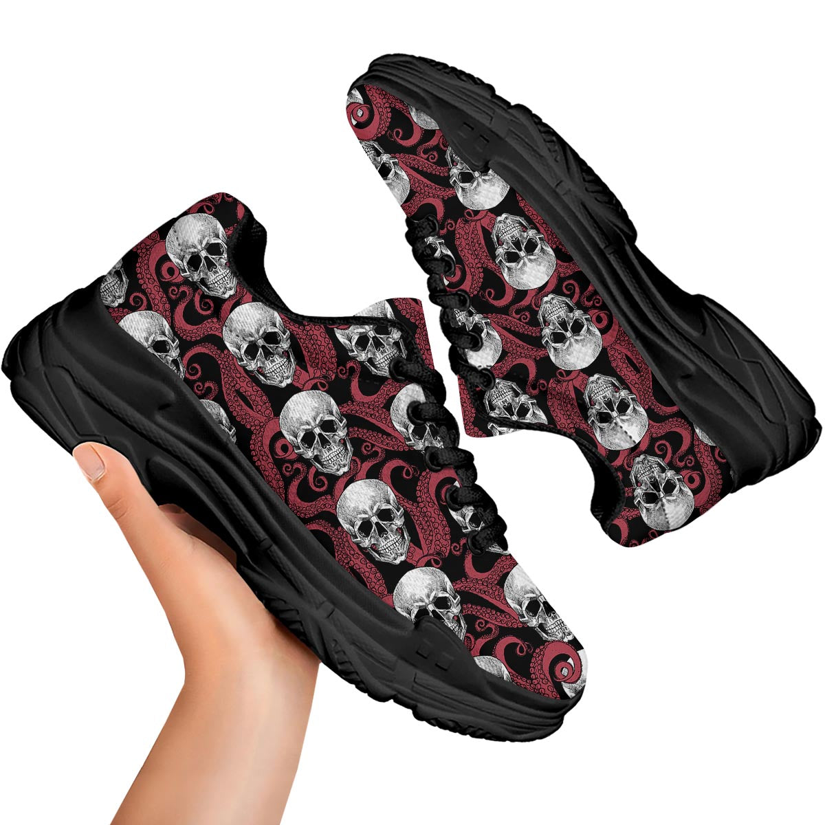 Octopus Skull Red Print Pattern Black Chunky Shoes-grizzshop