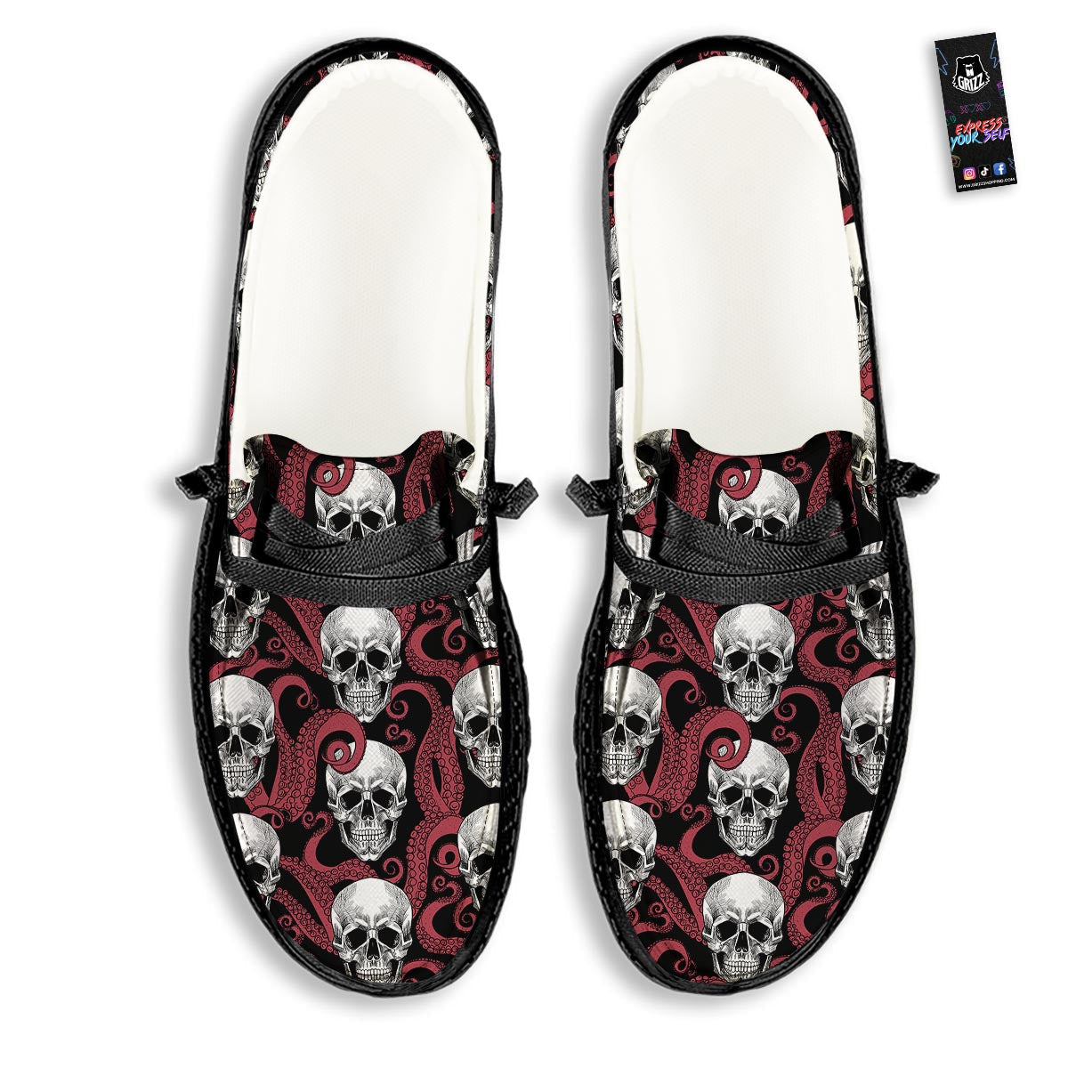 Octopus Skull Red Print Pattern Black Loafers-grizzshop