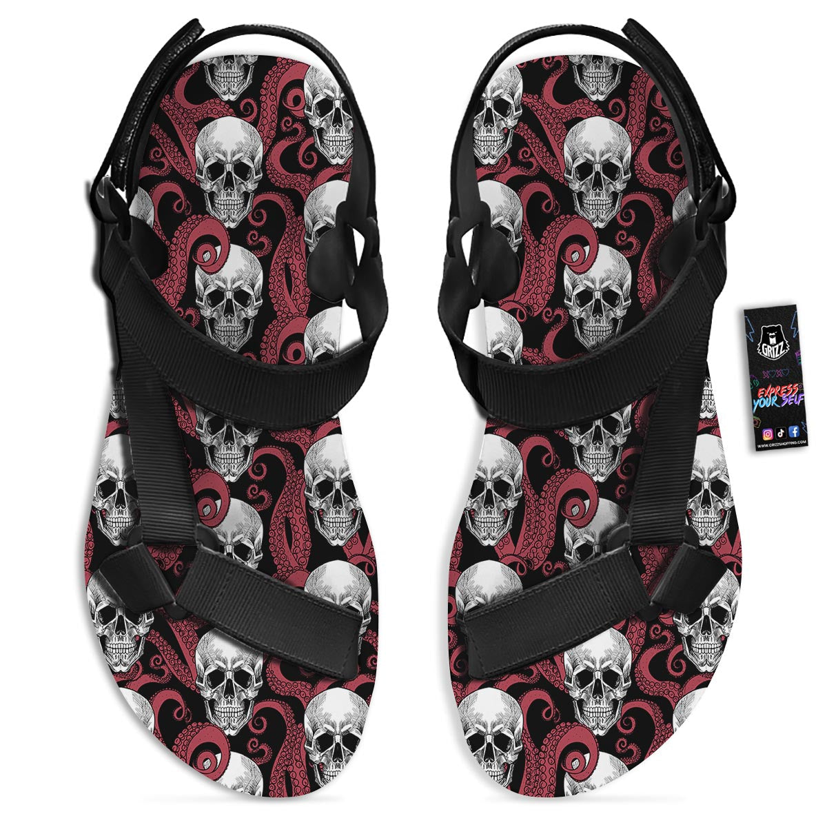 Octopus Skull Red Print Pattern Black Open Toe Sandals-grizzshop