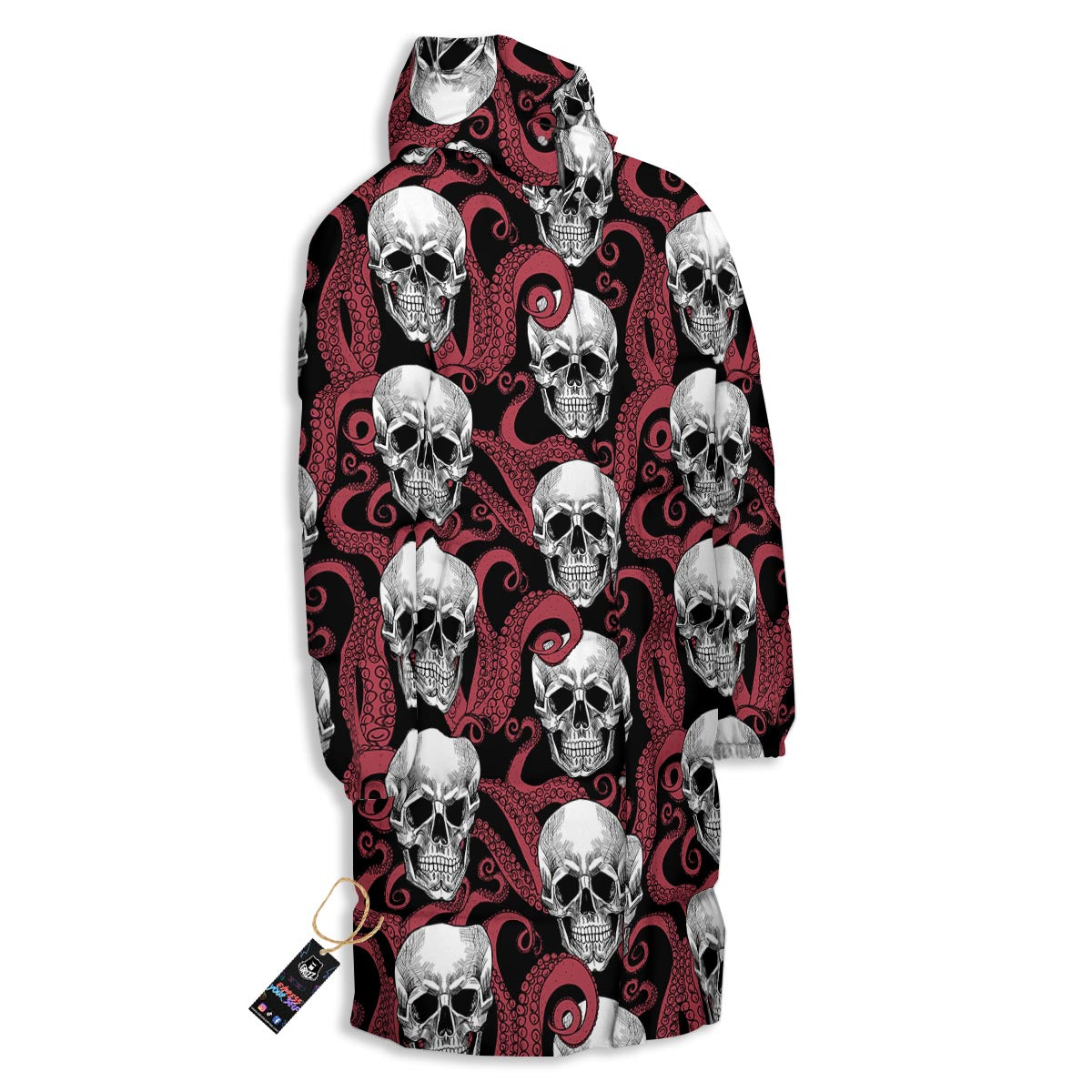 Octopus Skull Red Print Pattern Long Down Jacket-grizzshop