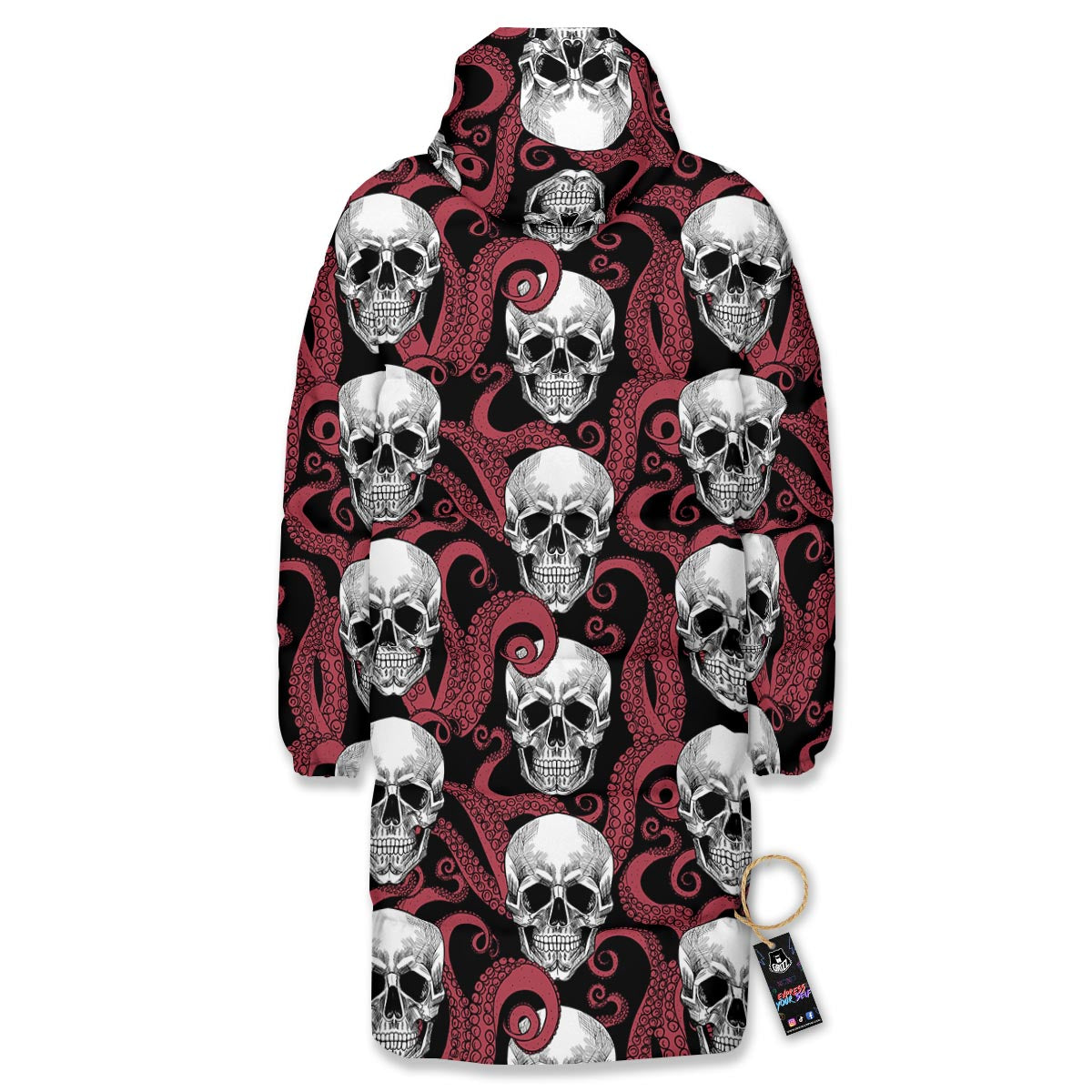 Octopus Skull Red Print Pattern Long Down Jacket-grizzshop