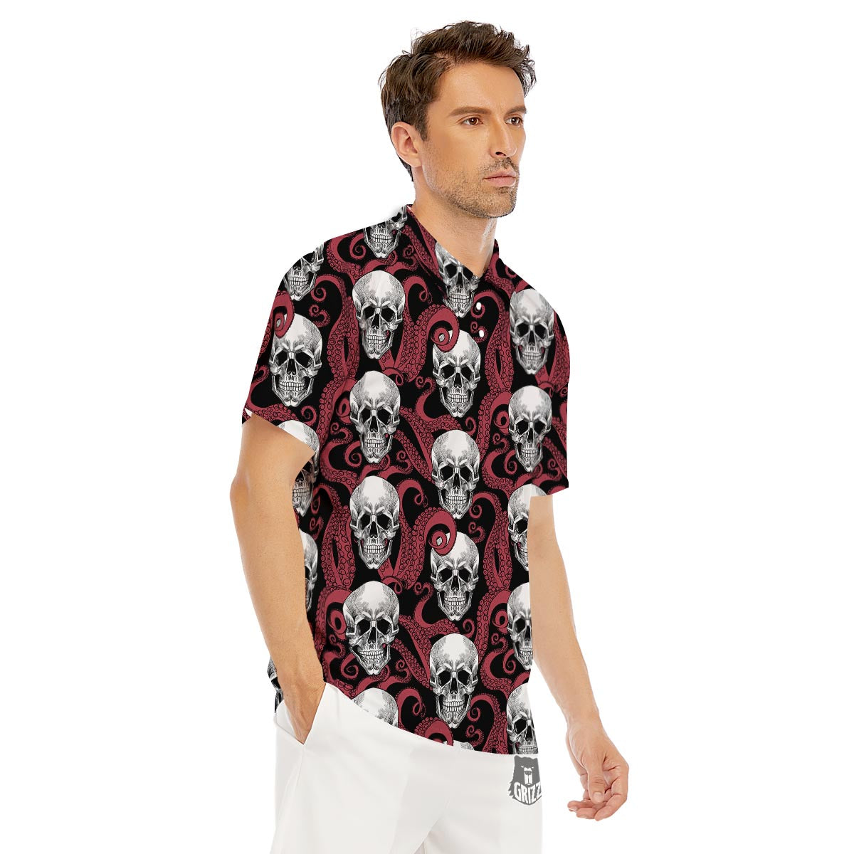Octopus Skull Red Print Pattern Men's Golf Shirts-grizzshop