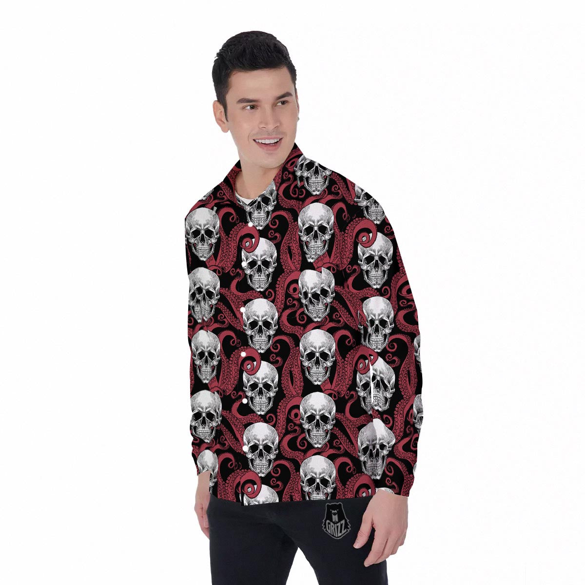 Octopus Skull Red Print Pattern Men's Long Sleeve Shirts-grizzshop