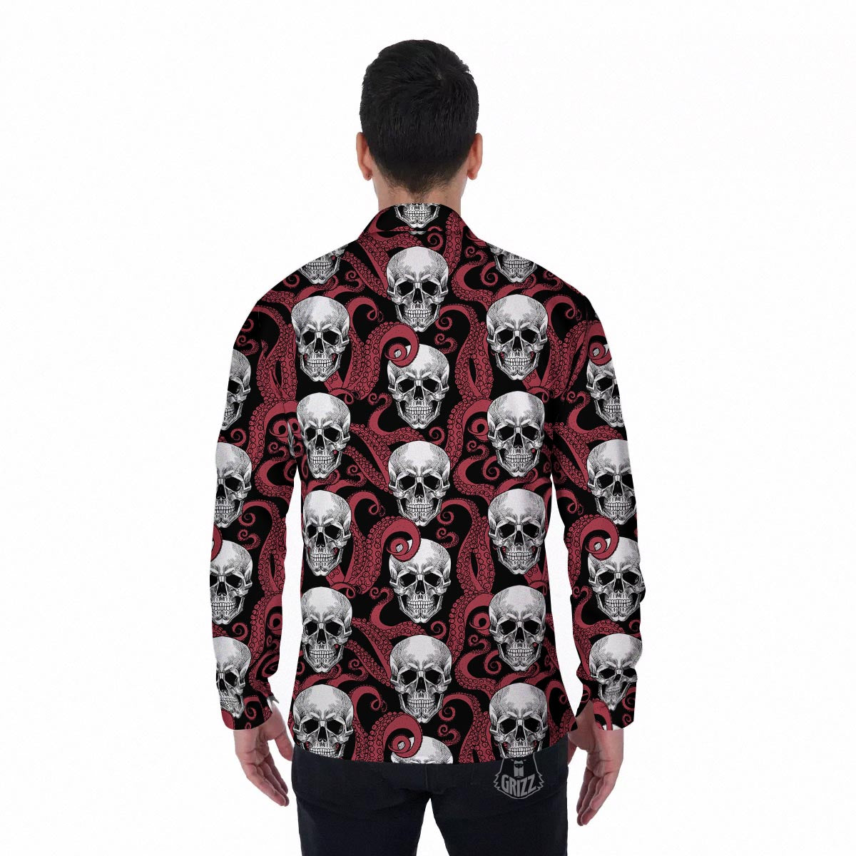 Octopus Skull Red Print Pattern Men's Long Sleeve Shirts-grizzshop