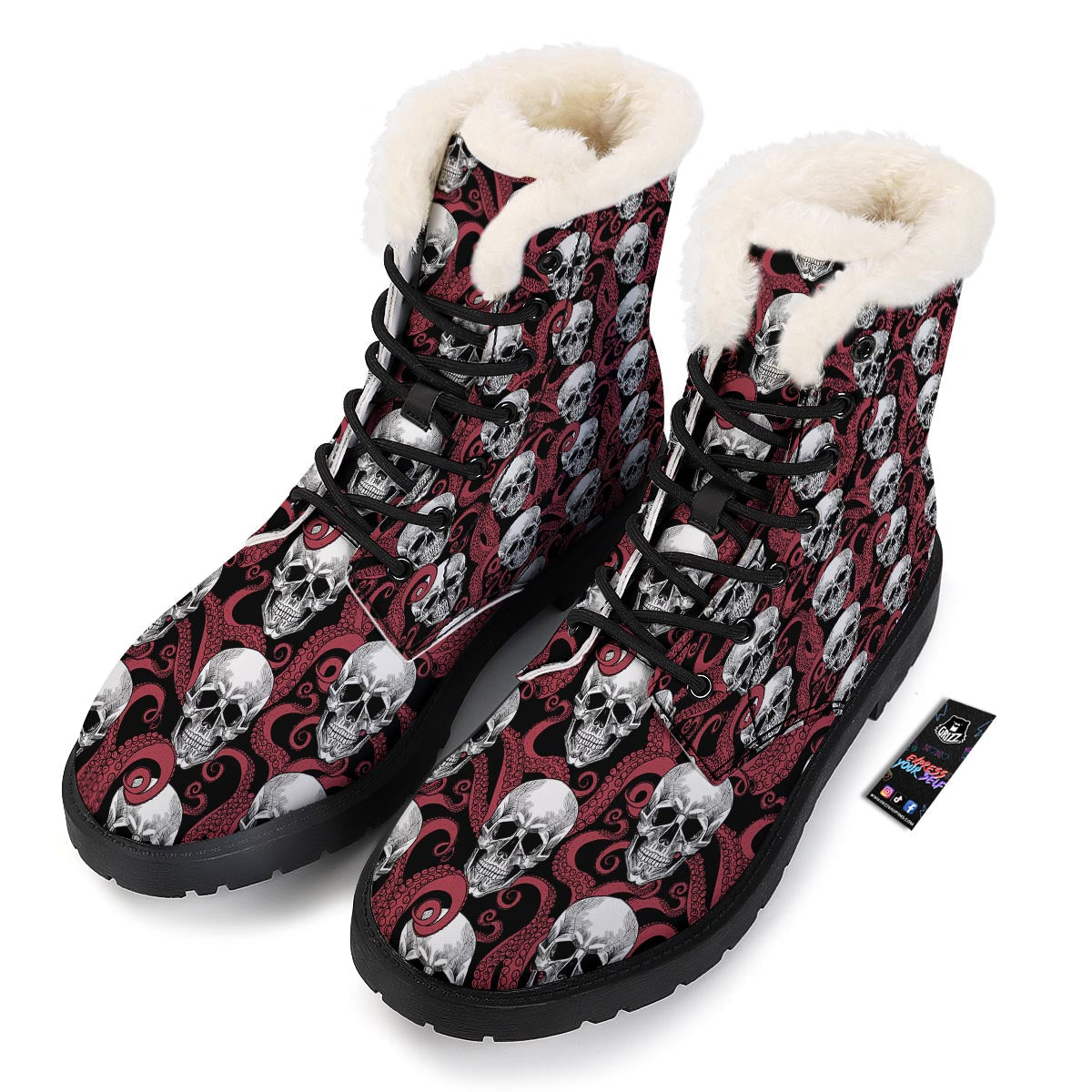 Octopus Skull Red Print Pattern Winter Boots-grizzshop
