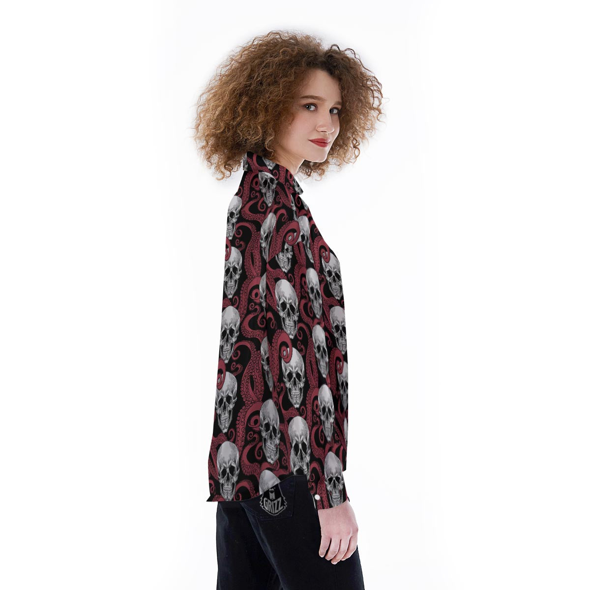Octopus Skull Red Print Pattern Women's Long Sleeve Shirts-grizzshop