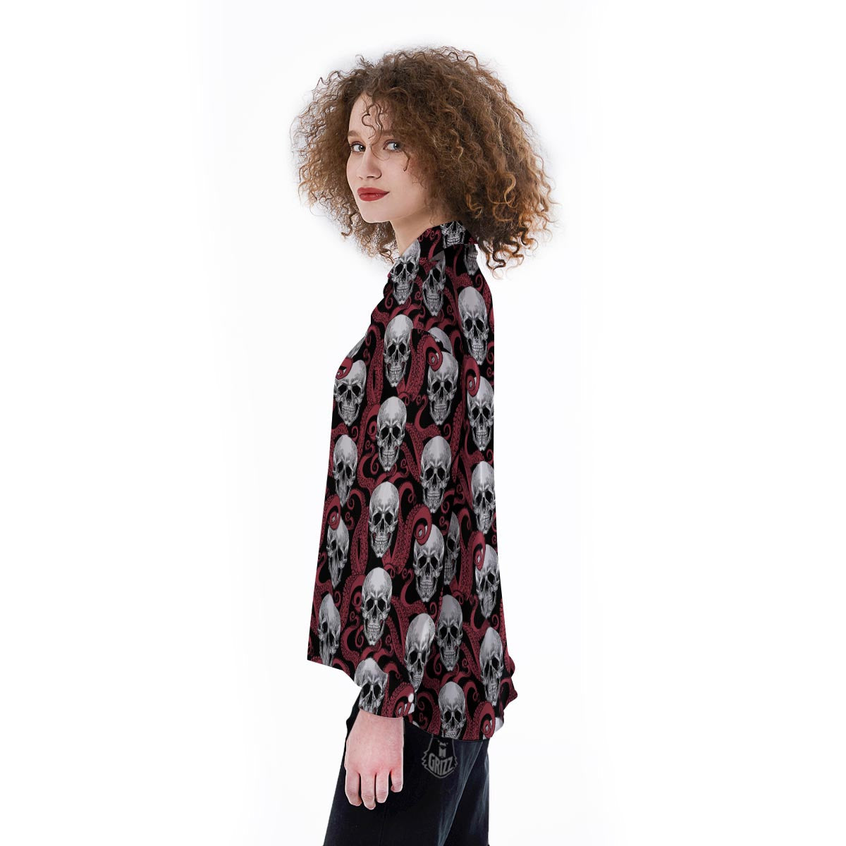 Octopus Skull Red Print Pattern Women's Long Sleeve Shirts-grizzshop