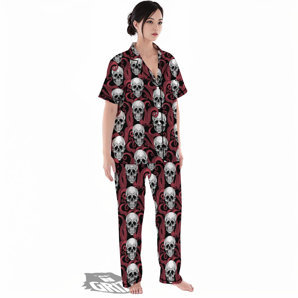 Octopus Skull Red Print Pattern Women's Pajamas Set-grizzshop