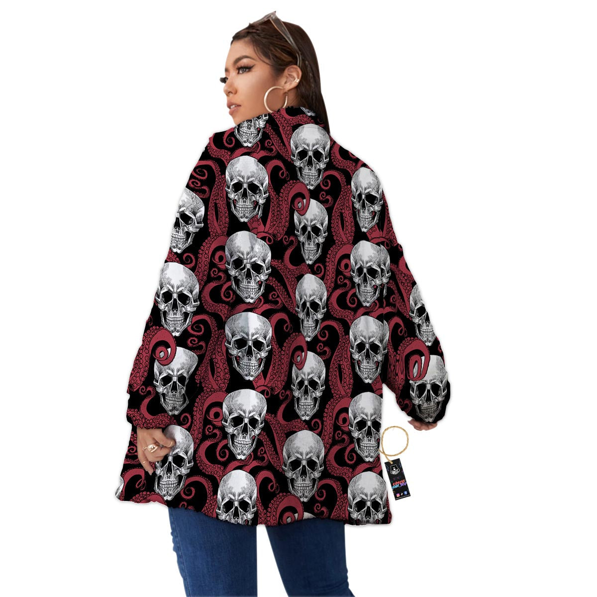 Octopus Skull Red Print Pattern Women's Sherpa Jacket-grizzshop