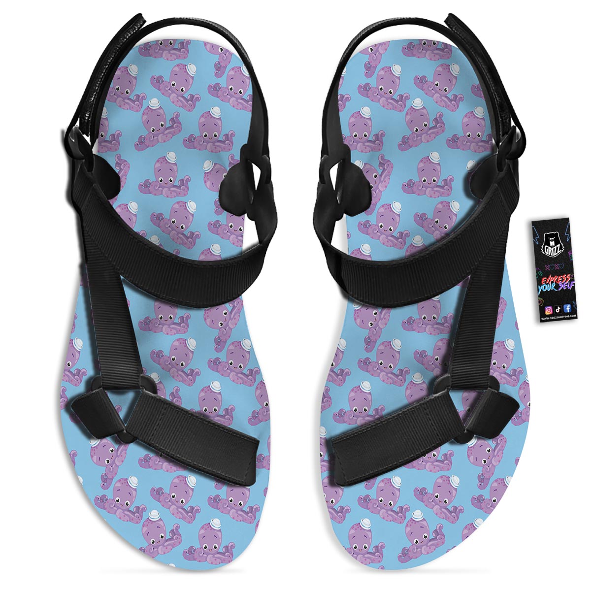 Octopus Teal And Purple Print Pattern Black Open Toe Sandals-grizzshop